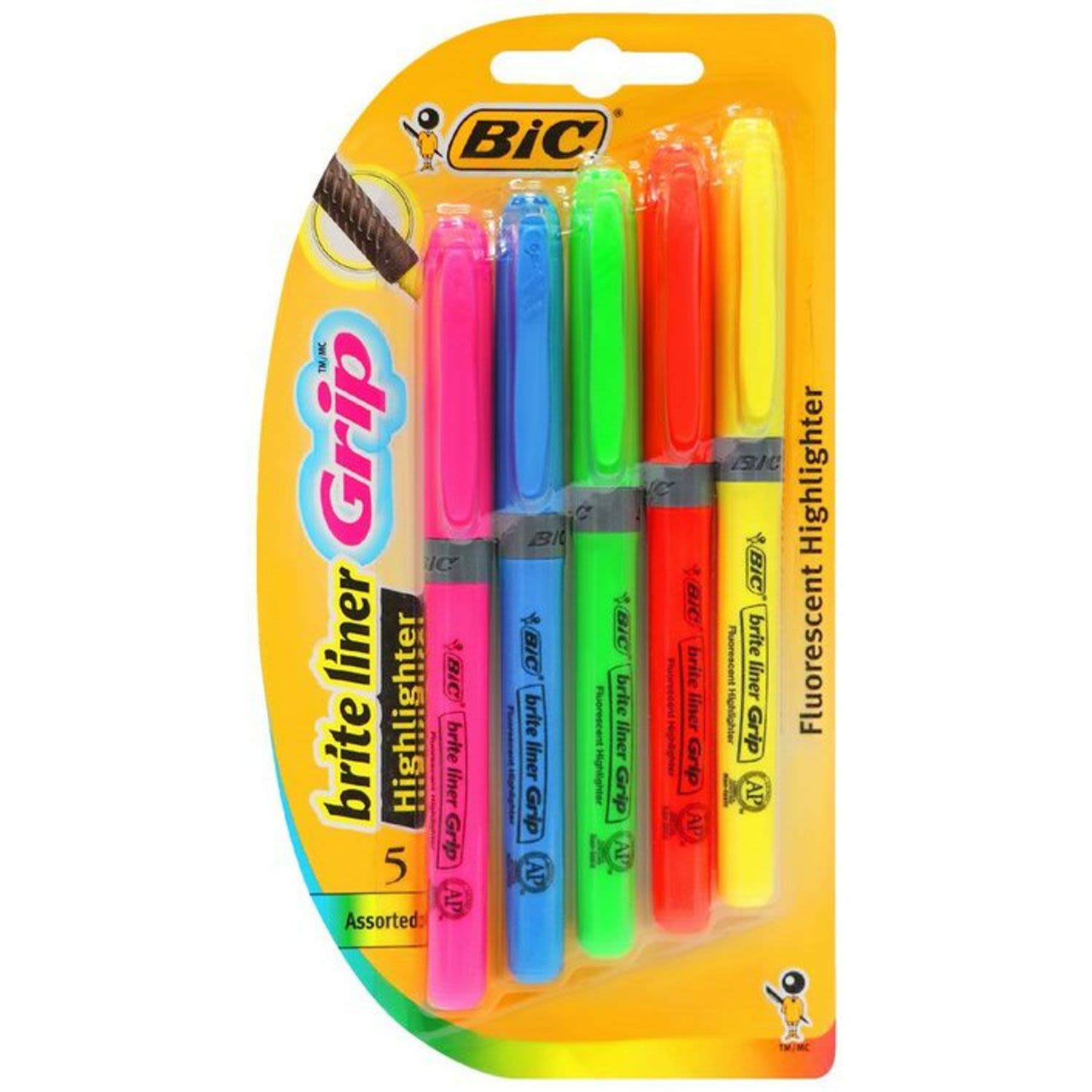 BiC Brite Liner Grip Highlighters Assorted, 5 Each