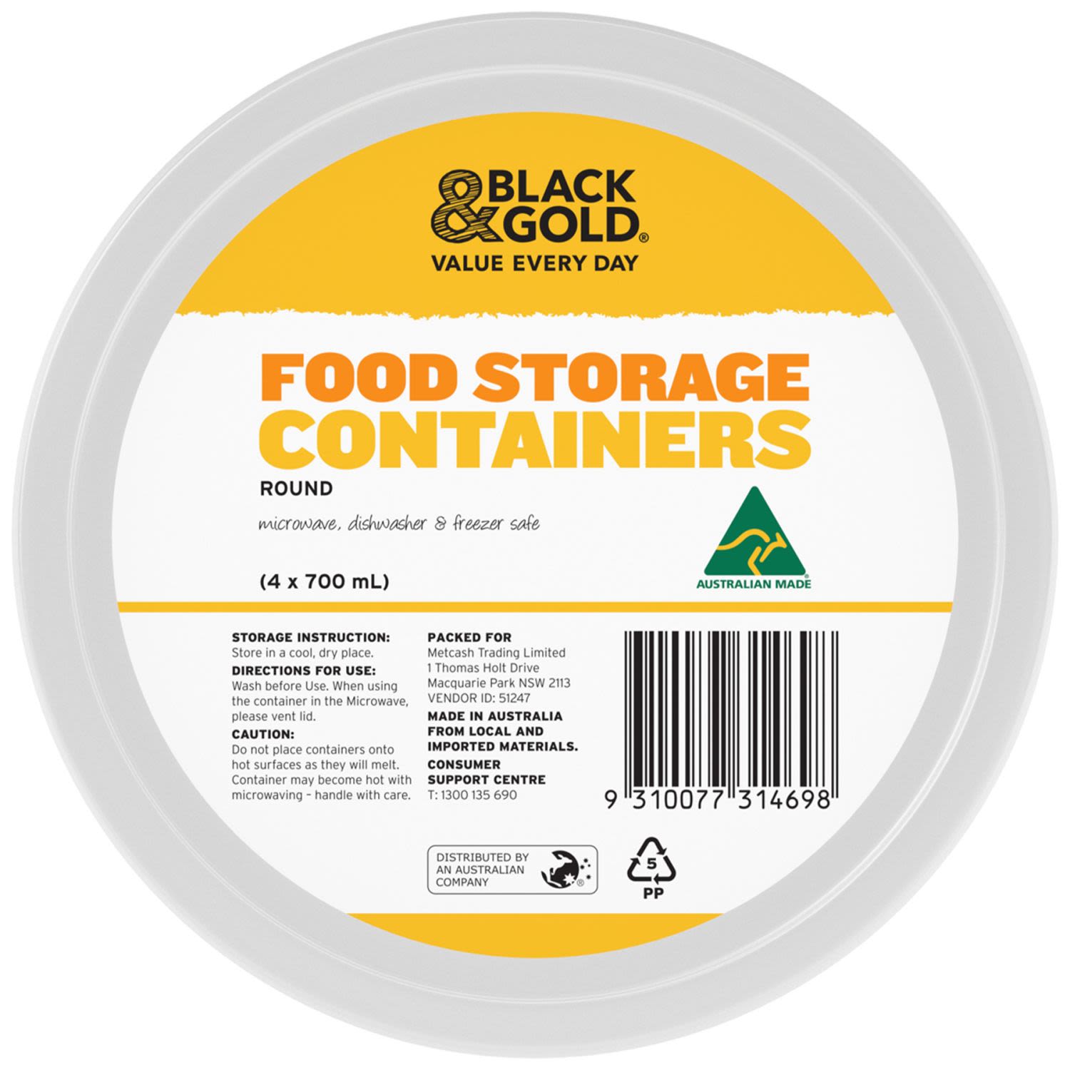 Black & Gold Food Storage Containers Round 700ml, 4 Each