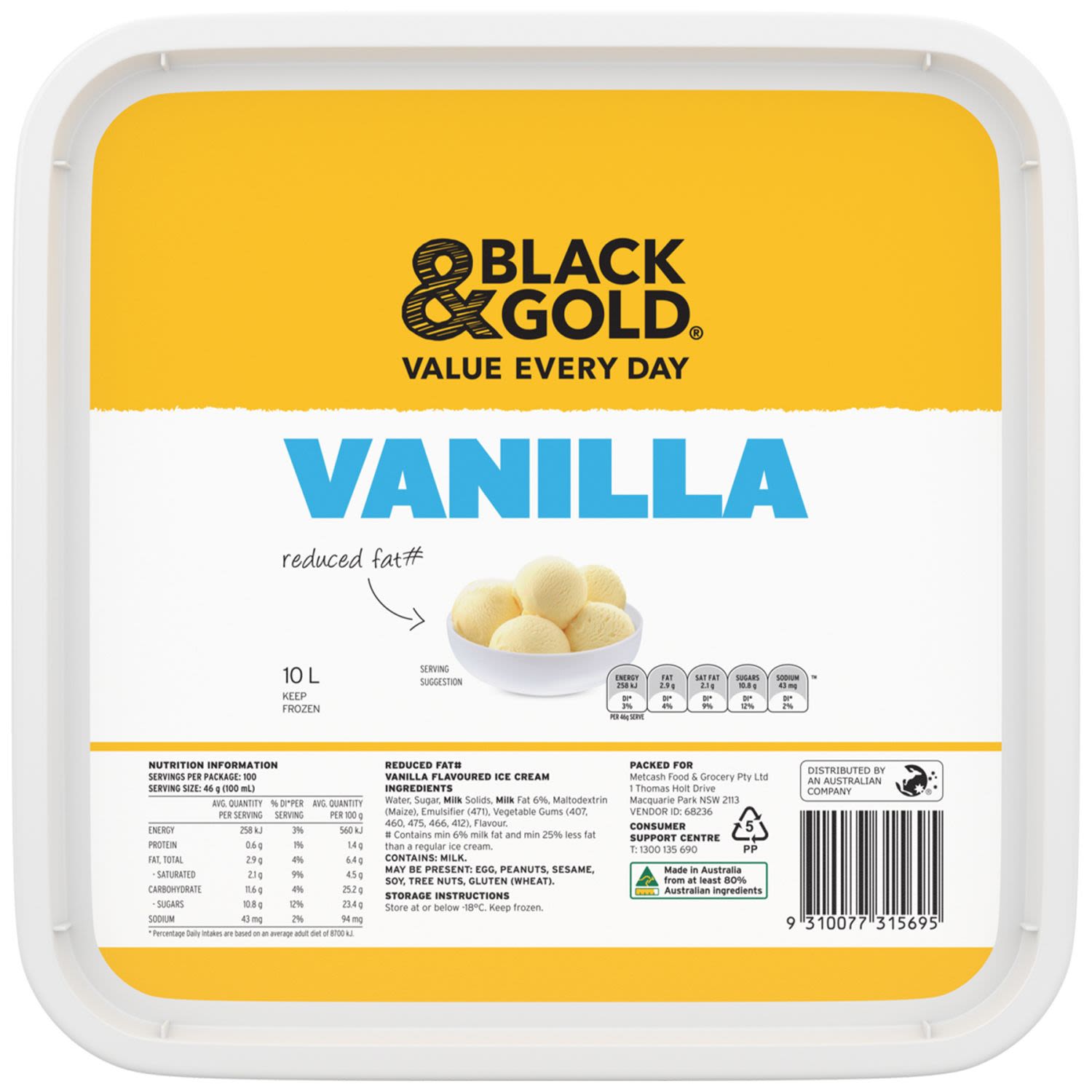 Black & Gold Reduced Fat Vanilla Ice Cream 10L, 1 Each