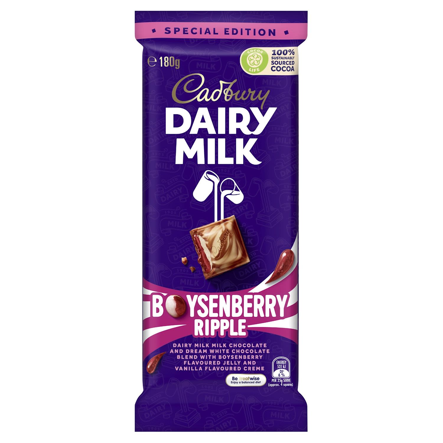 Cadbury Dairy Milk Boysenberry Ripple 180g