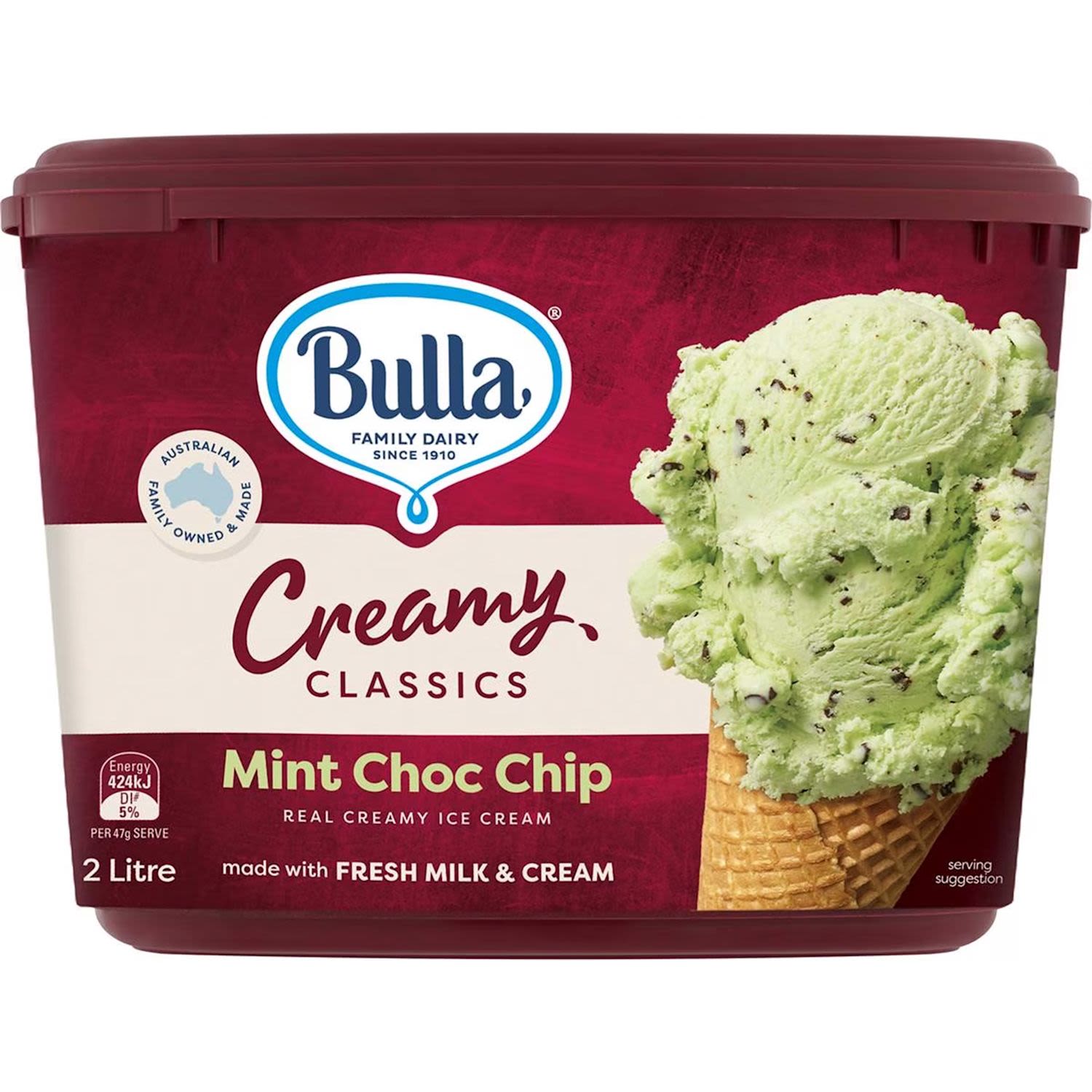 Bulla Creamy Classics Mint Choc Chip Ice Cream, 2 Litre