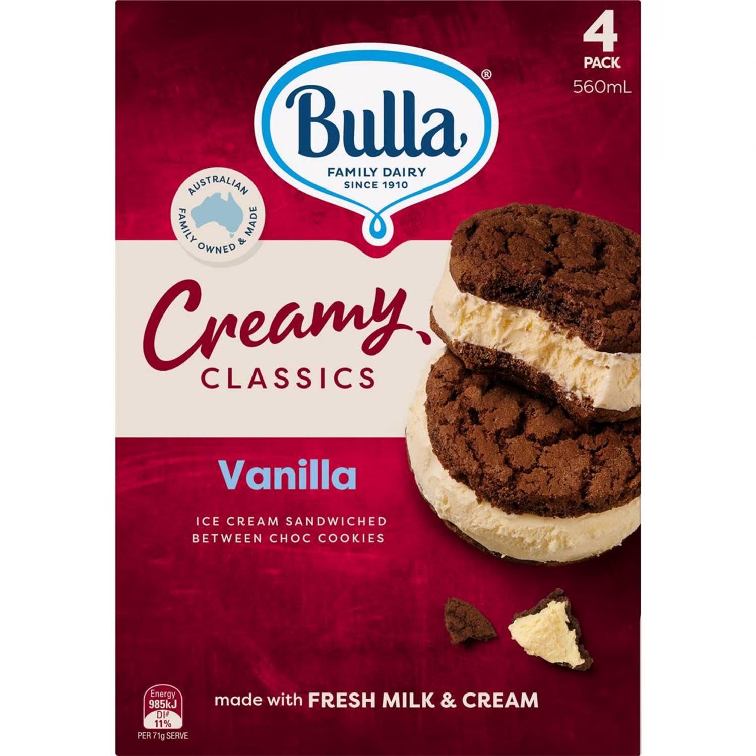 Bulla Creamy Classics Ice Cream Sandwich Vanilla, 4 Each