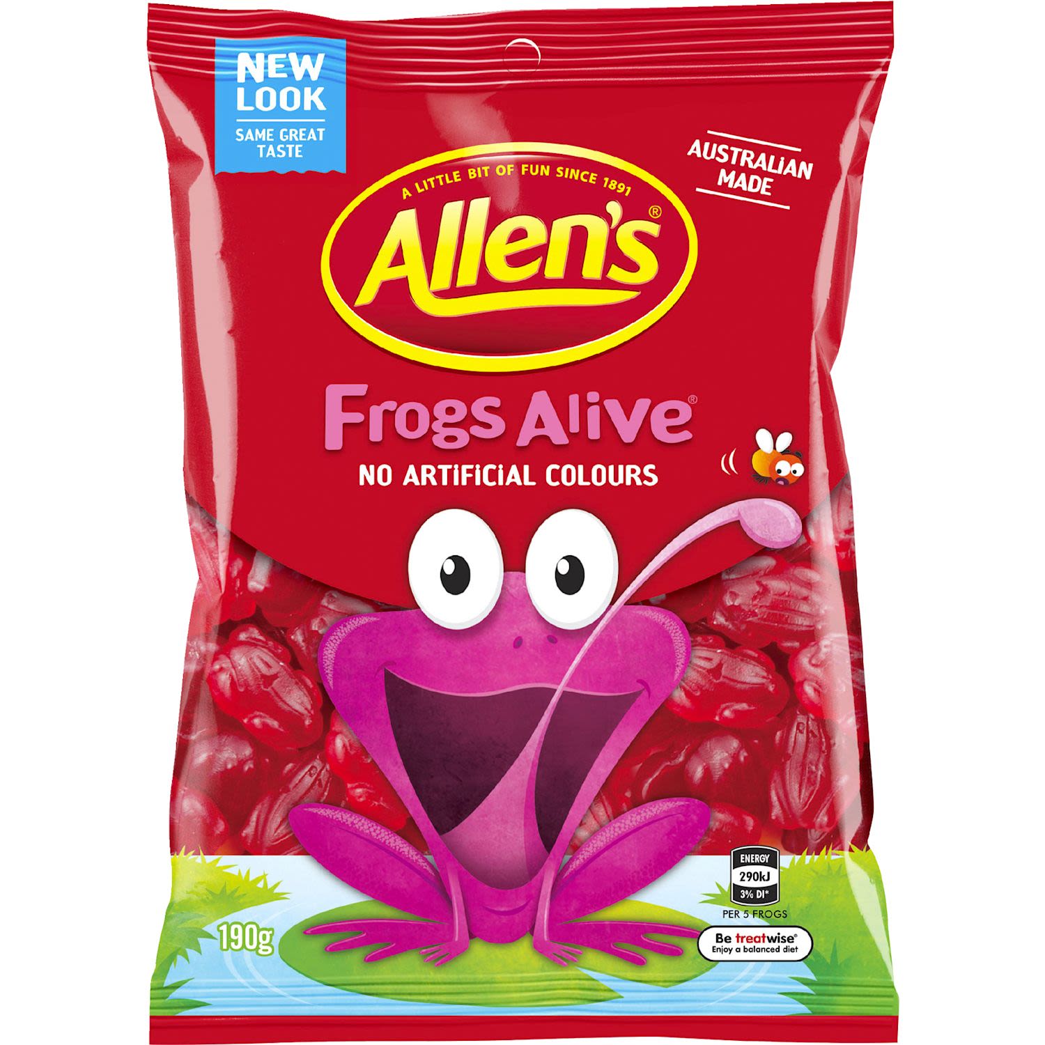 Allen's Frogs Alive are deliciously chewy raspberry jellies and a popular favourite. Catch these vibrant red frogs before they jump away! Twist it, stretch it, pull it, squish it or flatten it before enjoying a mouth-watering bite of fruity fun. Use them for your next baking decoration, or enjoy them straight from the bag. 5 Frogs = 1 Portion. Australian made and contains no artificial colours, so are great to share with family and friends. Contains Wheat. May contain Milk. Allen's makes smiles!