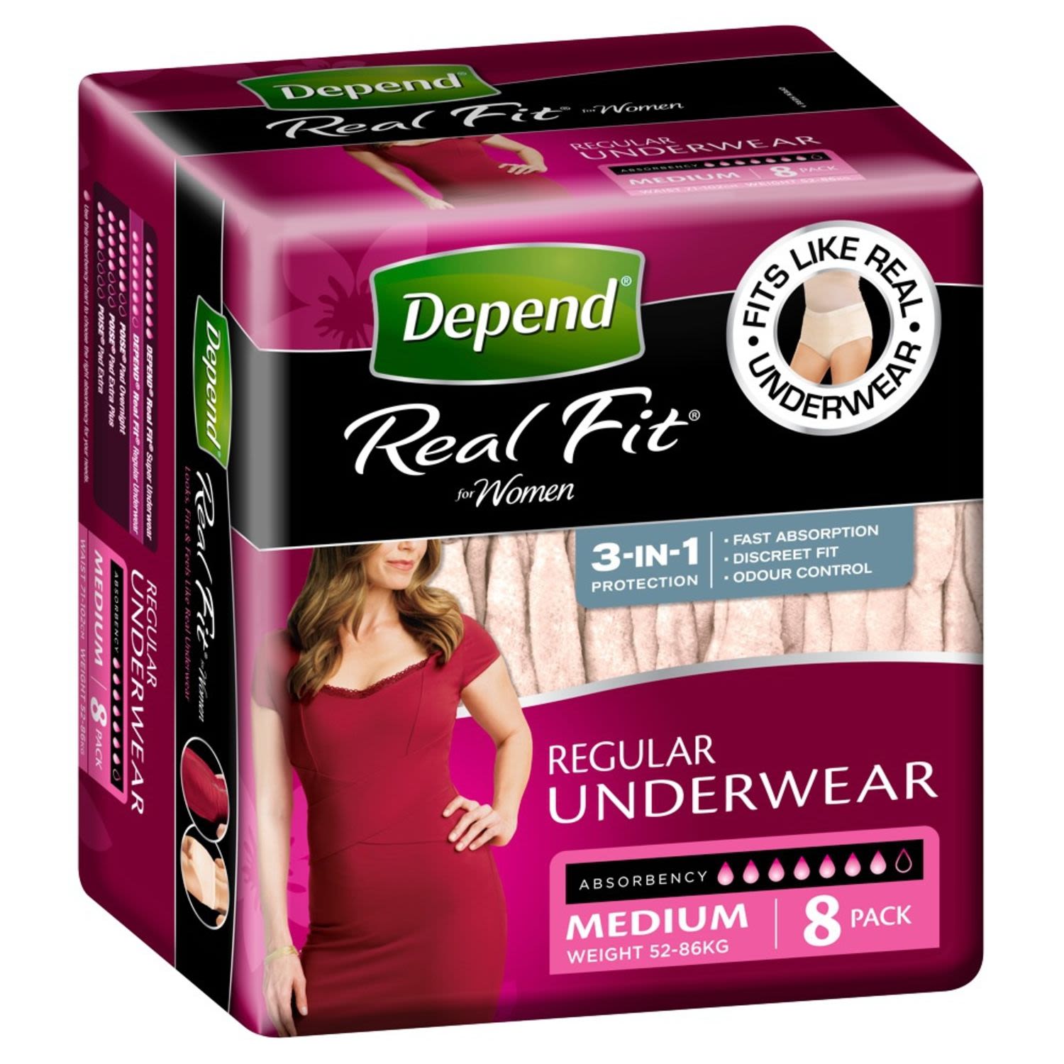 Depend Real Fit For Women Underwear, Heavy Absorbency, Medium, 8 Each