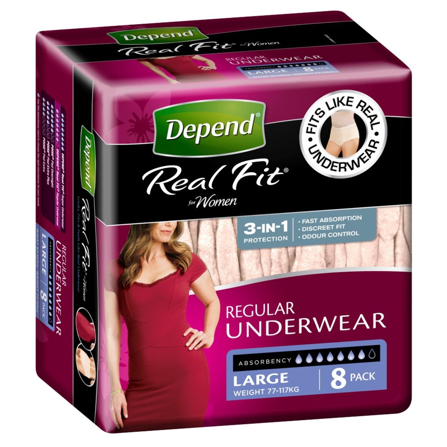 Depend Real Fit For Women Underwear, Heavy Absorbency, Large, 8 Each
