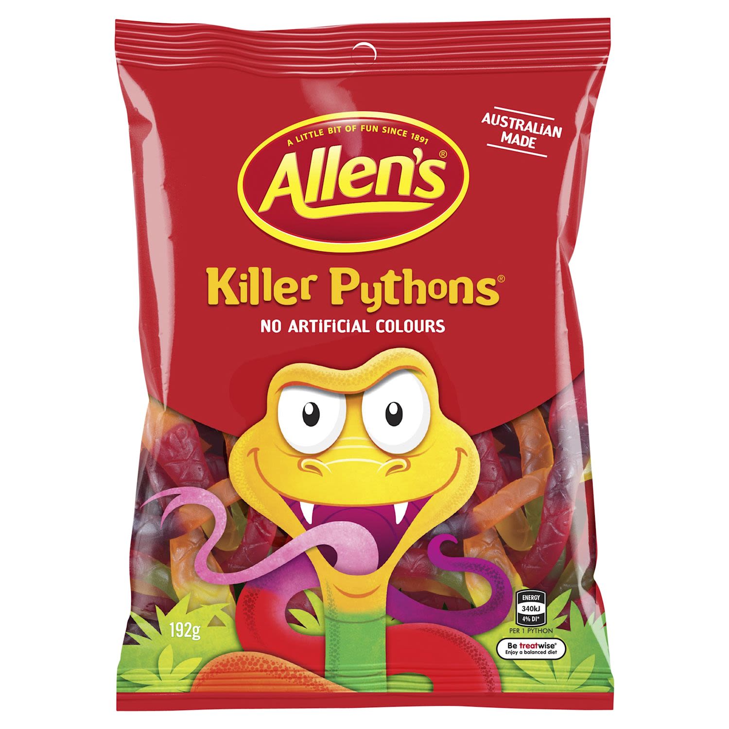 Allen's Killer Pythons comes in a variety of natural colours and fun fruity flavours. Taste the Allen's adventure by stretching your Killer Python as far as you can before taking each bite colour by colour. Enjoy the flavours of juicy orange, crisp apple, tasty pineapple, luscious mixed berry and zesty strawberry. 1 Python = 1 Portion. Australian made and contains no artificial colours, so are great to share with family and friends. Contains Wheat. May contain Milk. Allen's makes smiles!