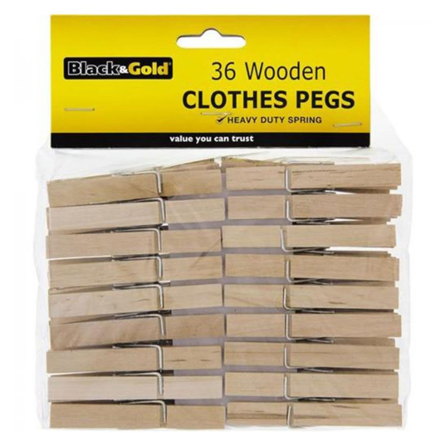 Black & Gold Clothes Pegs Wood, 36 Each