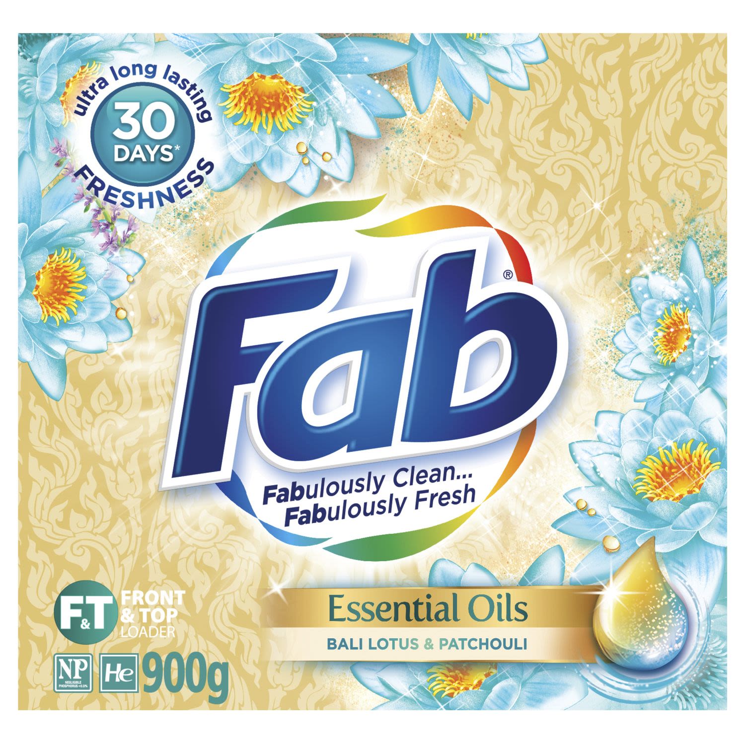 Fab Essential Oils Bali Lotus & Patchouli, Washing Powder Laundry Detergent, 900 Gram