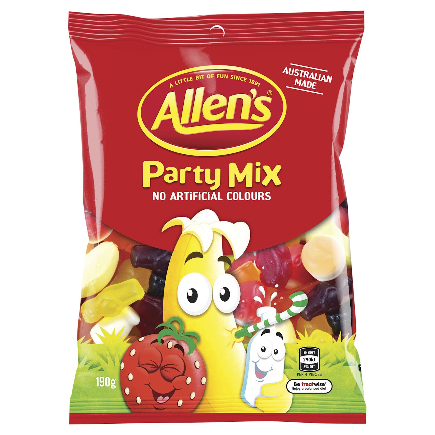 Allen's Party Mix is perfect for sharing, with a popular favourite for everyone. Join in the fun and get the party started with cool banana, creamy milk bottles, squishy strawberries and cream, stretchy snakes, tangy peaches and cream, juicy jelly babies, chewy black cats and delicious red frogs. Quantity of each may vary. 4 Pieces = 1 Portion. Australian made and contain no artificial colours, so are great to share with family and friends. Contains Wheat. May contain Milk. Allen's makes smiles!