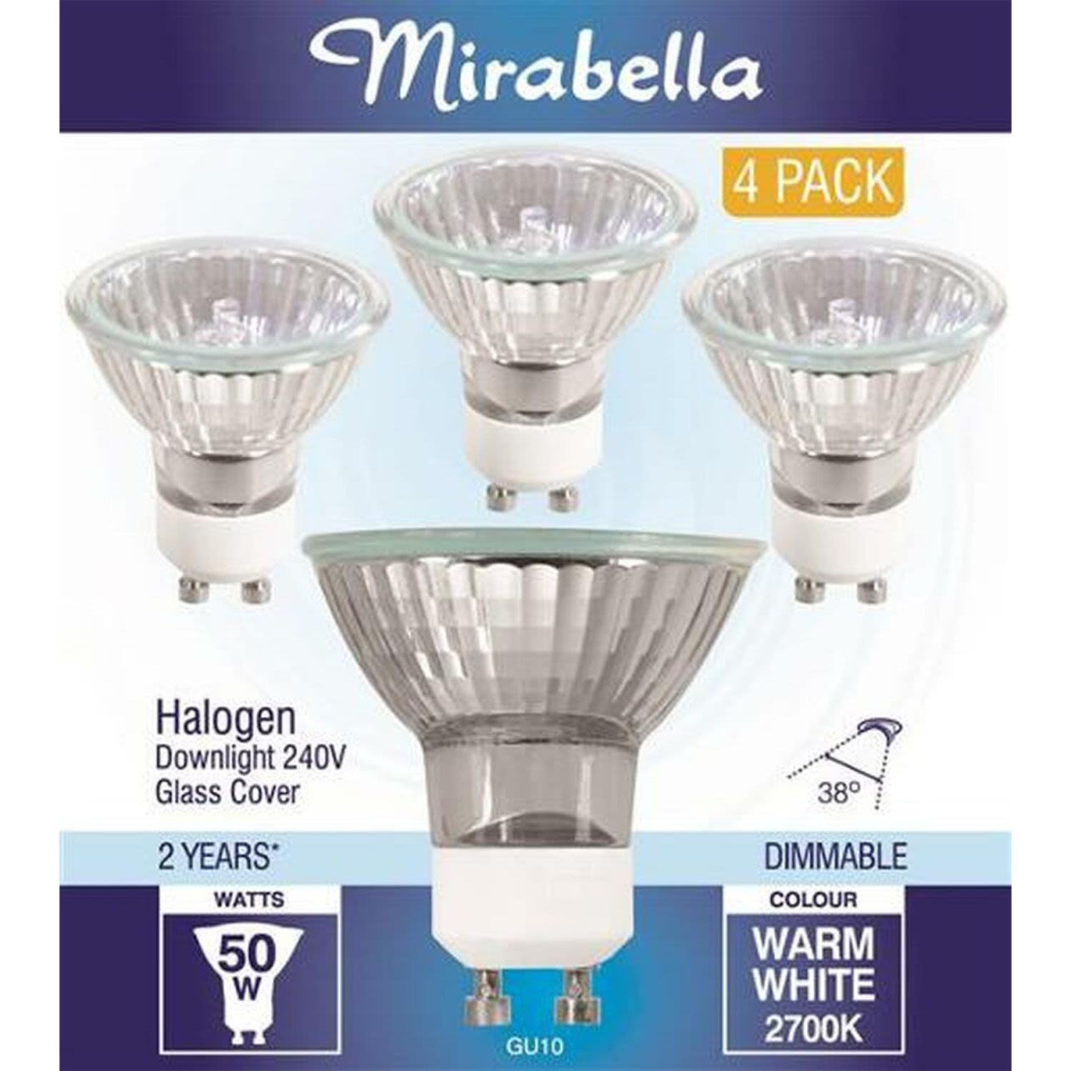 Mirabella Halogen Downlight 240V Glass Cover Warm White 2700K 50W Gu10 Light Globes, 4 Each