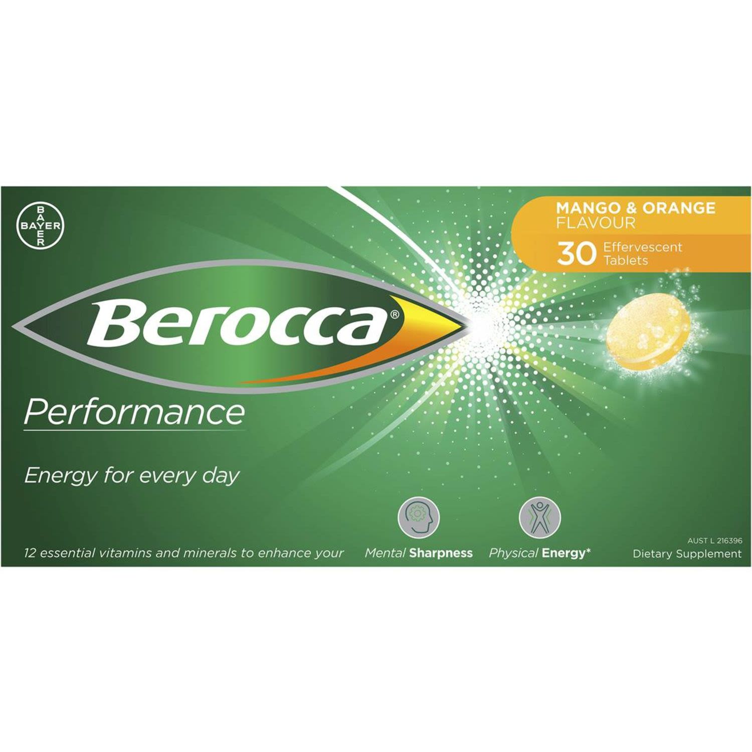 Berocca Energy Vitamin Mango & Orange Effervescent Tablets, 30 Each
