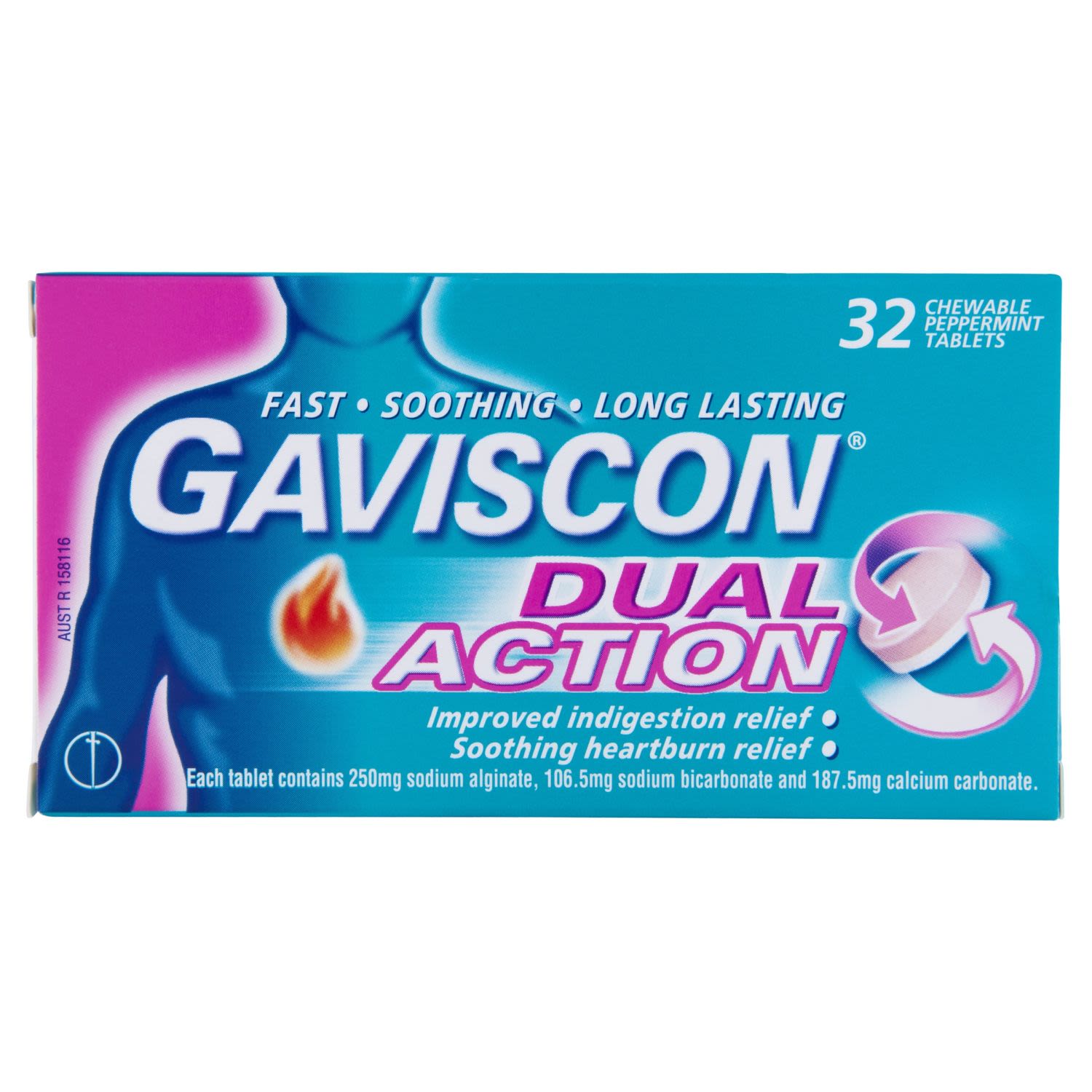 Gaviscon Dual Action Chewable Tablets Peppermint Heartburn & Indigestion Relief, 32 Each