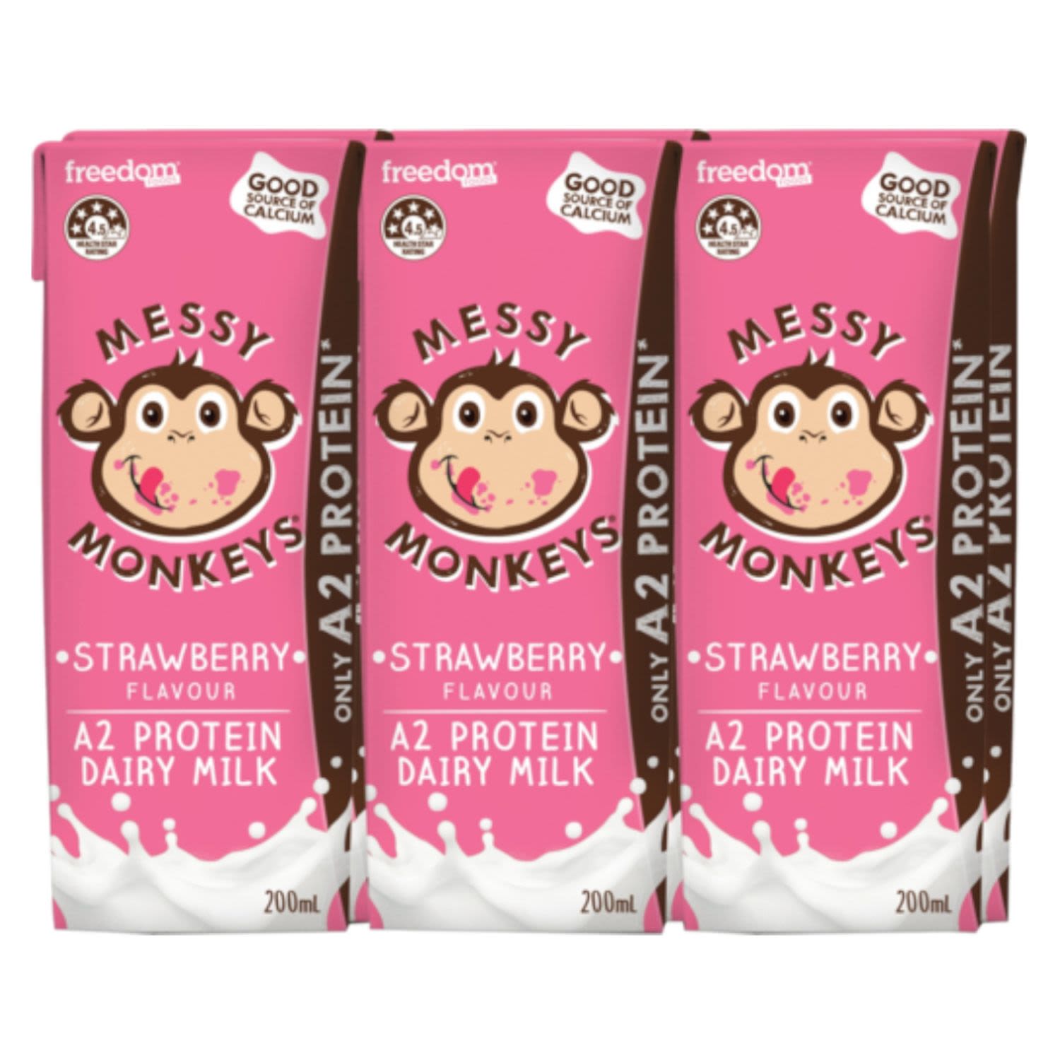 Freedom Foods Messy Monkeys Strawberry A2 Protein Milk, 6 Each