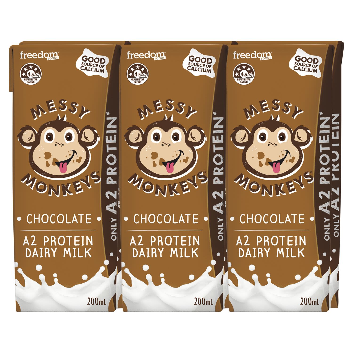 Freedom Foods Messy Monkeys Chocolate A2 Protein Milk, 6 Each