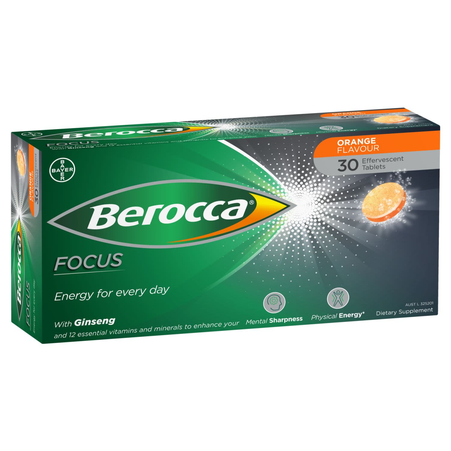 Berocca Focus Vitamin B & C Orange Flavour With Ginseng Energy Effervescent Tablets, 30 Each