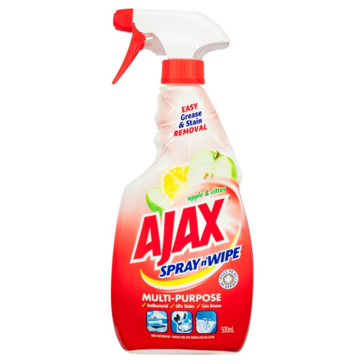 Ajax Spray n' Wipe Multi-Purpose Antibacterial Disinfectant Cleaner Trigger Surface Spray Apple & Citrus, 500 Millilitre