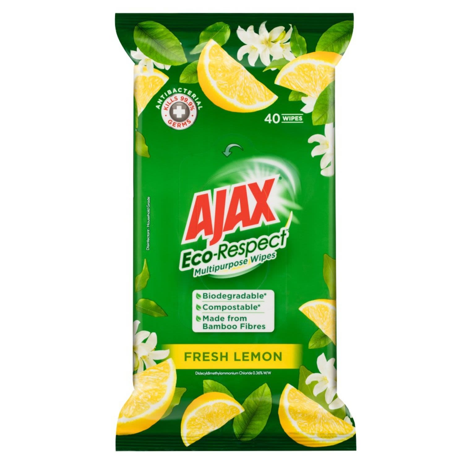 Ajax Eco Multipurpose Antibacterial Disinfectant Biodegradable Cleaning Wipes Fresh Lemon, 40 Each