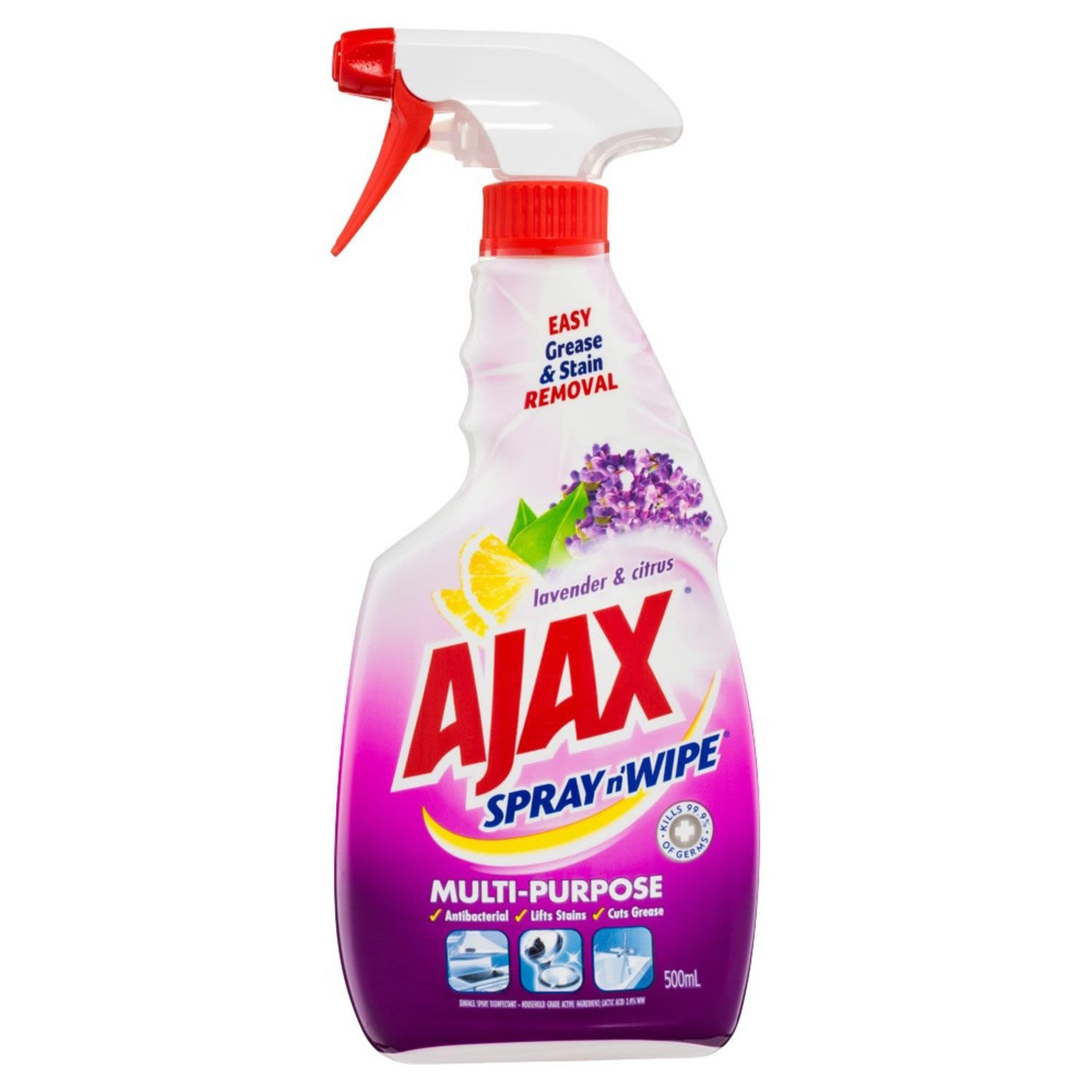 Ajax Spray n' Wipe Multi-Purpose Antibacterial Disinfectant Cleaner Trigger Surface Spray Lavender & Citrus, 500 Millilitre