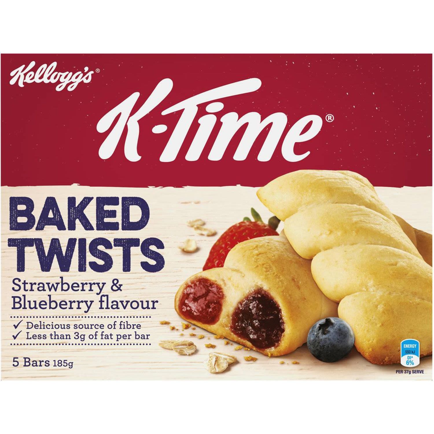 Kellogg's K-Time Baked Twists fruit flavour filled snack bars are a delightful combination of strawberry and blueberry flavoured fillings delicately twisted throughout a softly baked wheat and oat crust.
A great snack for the morning, afternoon or any time of the day that you need a pick me up, K-Time Baked Twists are a delicious source of fibre that can be enjoyed by the whole family!