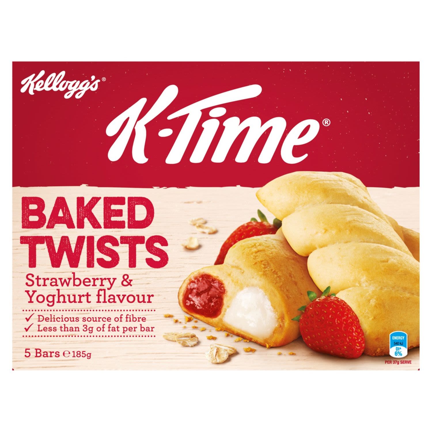 Kellogg's K-Time Baked Twists snack bars are a delightful combination of strawberry and yoghurt flavoured fillings delicately twisted throughout a softly baked wheat and oat crust.
A great snack for the morning, afternoon or any time of the day that you need a pick me up, K-Time Baked Twists are a delicious source of fibre that can be enjoyed by the whole family!