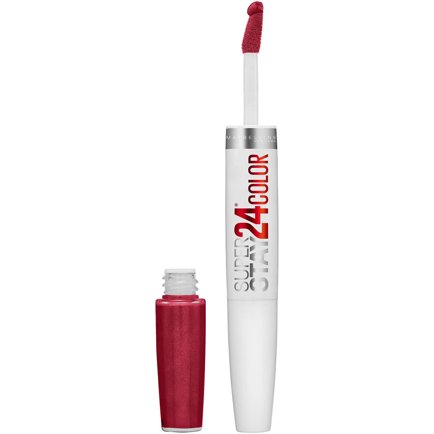 Stretch the limits of long-wearing color with Maybelline's SuperStay 24 2-Step Longwear Liquid Lipstick. This dual-ended product features a long wear liquid lipstick and ultra-conditioning balm. This liquid lipstick formula features Micro flex technology that won't cake, flake, or dry. Our lip colour looks freshly applied through 200 bites, 120 sips, and countless kisses. The conditioning lip balm seals in moisture and keeps lips hydrated. Available in a collection of all-day shades ranging from seductive Keep It Red to timeless So Pearly Pink.<br /> <br />
