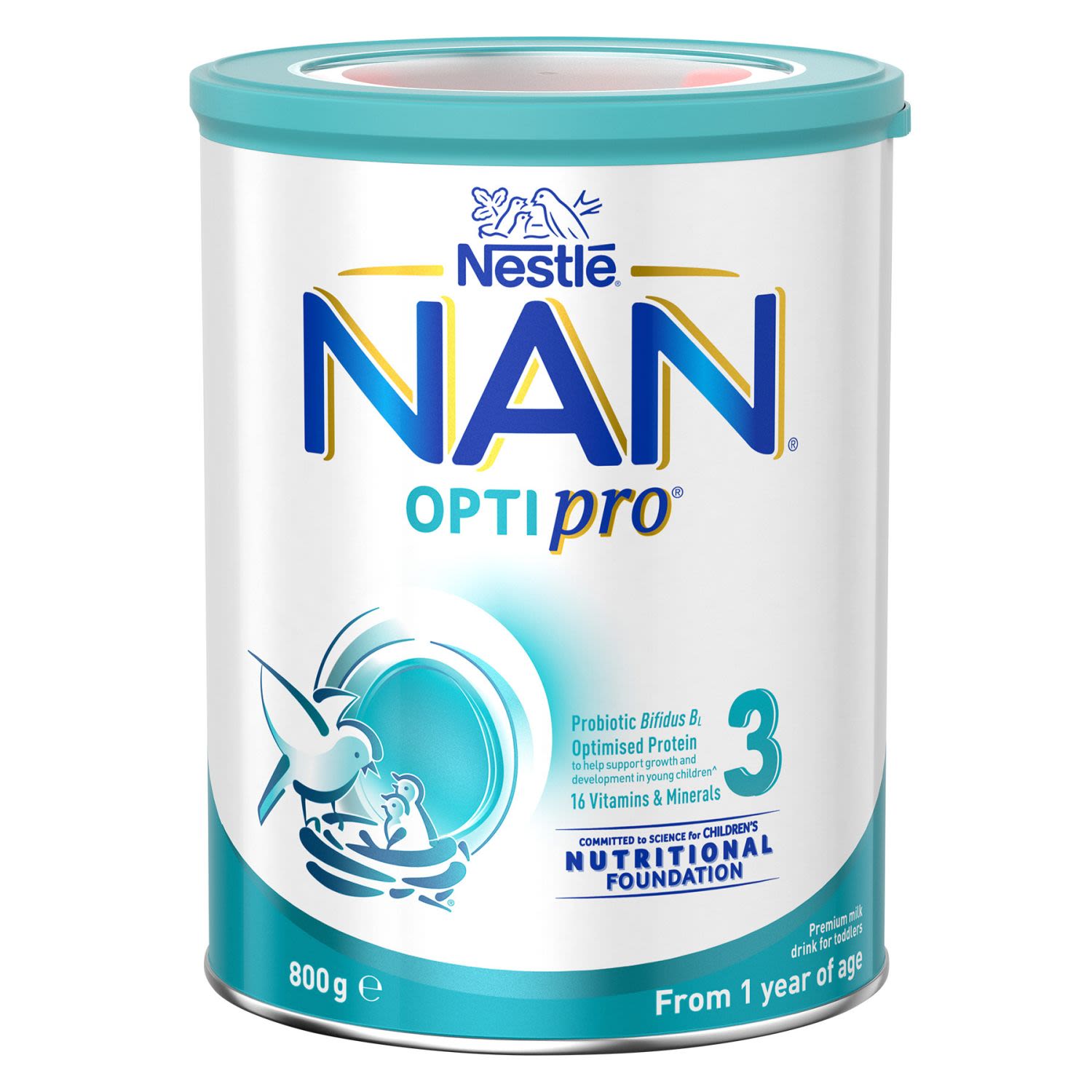 NAN OPTIPRO 3 Toddler Milk Drink is a premium, nutritional milk supplement designed for toddlers from 1 year of age when energy and nutrient intakes may not be adequate. It contains 16 essential vitamins and minerals, just 2 servings per day provides an average of at least 50% of the recommended dietary intake of calcium, iron, zinc, iodine and vitamins B1, B2, C, D and E. It also contains probiotic Bifidobacterium lactis, and a combination of key, high quality ingredients providing your child with essential nutrients, such as iron and Vitamin D to support normal growth and development. NAN OPTIPRO 3 Toddler Milk Drink contains 16 vitamins and minerals including:
Calcium & Magnesium: To help support strong bones and teeth.
Iron & Zinc: Key minerals that help support the functioning of your toddler’s cognitive and immune system function.
Iodine: A trace element that helps support early growth and normal brain function.
Vitamins A, B1, B2, B6, B12, C, D & E: A range of vitamins that contribute to the growth and development of your toddler.
Backed by 150 years of infant nutrition research and development, Nestlé toddler milk products have helped to nurture generations of young children.For hygiene and convenience, it is available in an innovative packaging format with a separate storage area for the scoop, and a semi-transparent window which allows you to see how much powder is left in the can without having to open it.<br /> <br /> <br /><br />Country of Origin: Made in Switzerland