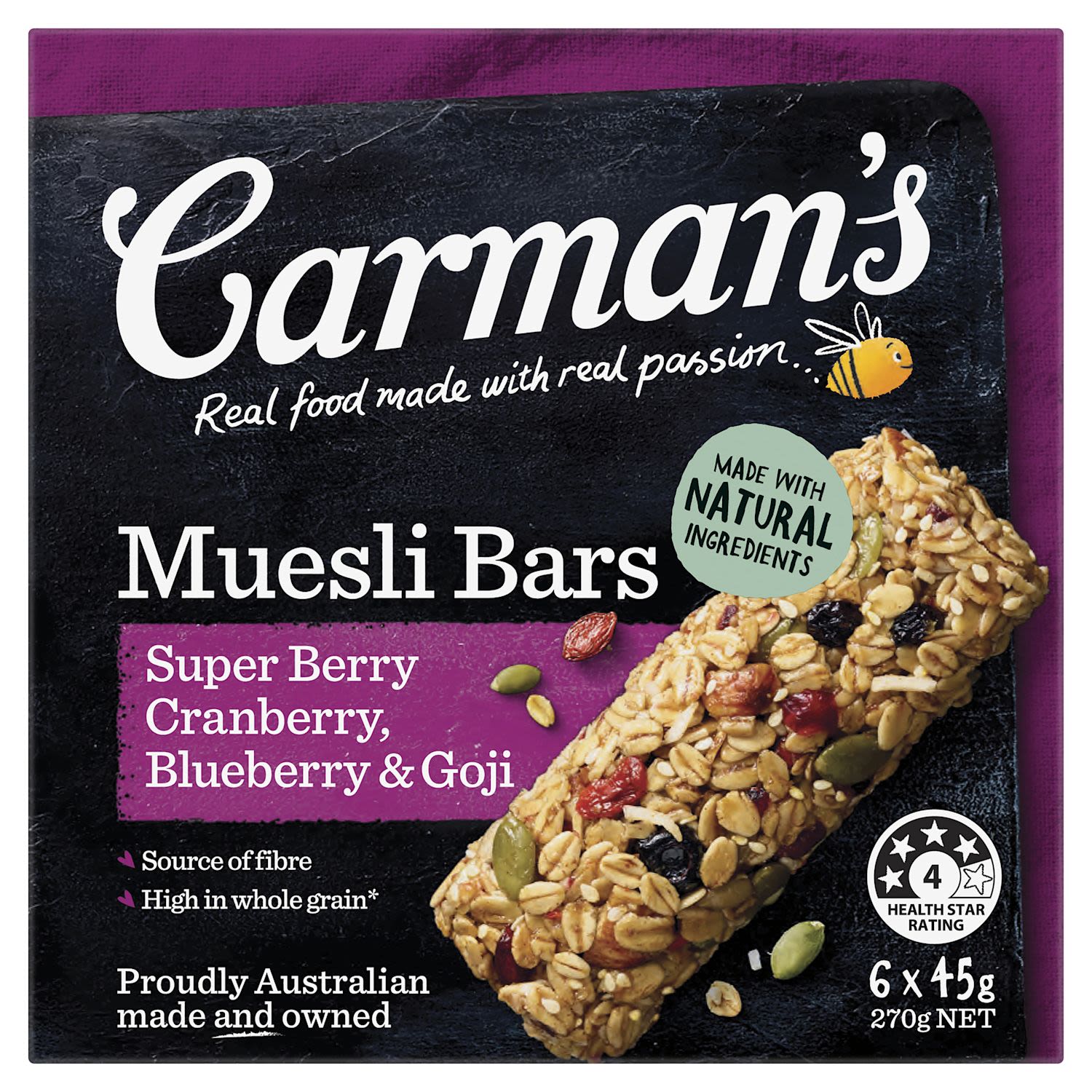Carman's Super Berry Muesli Bars are full of oaty goodness, crunchy coconut and gourmet cranberries, blueberries and goji berries, making for a downright delicious snack that leaves you feeling, well, super!