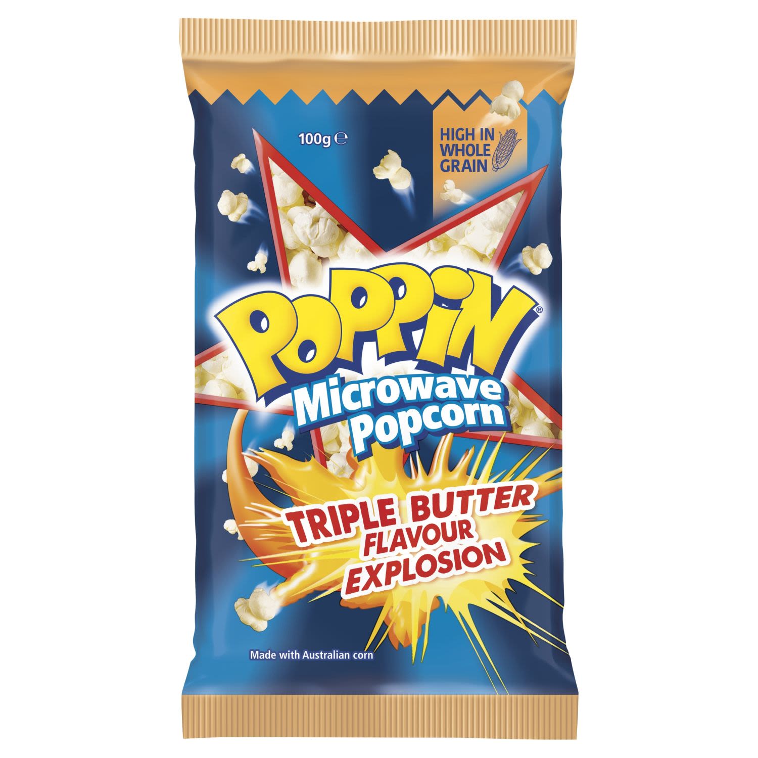 Poppin Shakers Microwave Popcorn Triple Butter Flavour, 100 Gram