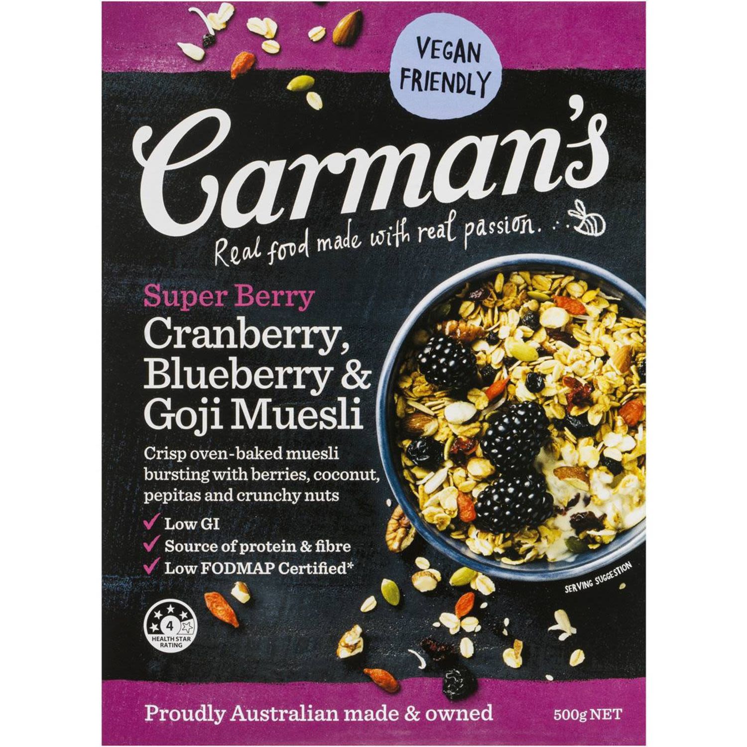 Carman's Super Berry Cranberry, Blueberry & Goji Muesli, 500 Gram