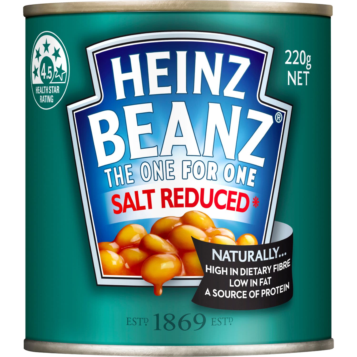 Heinz Baked Beans Salt Reduced Ring Top, 220 Gram