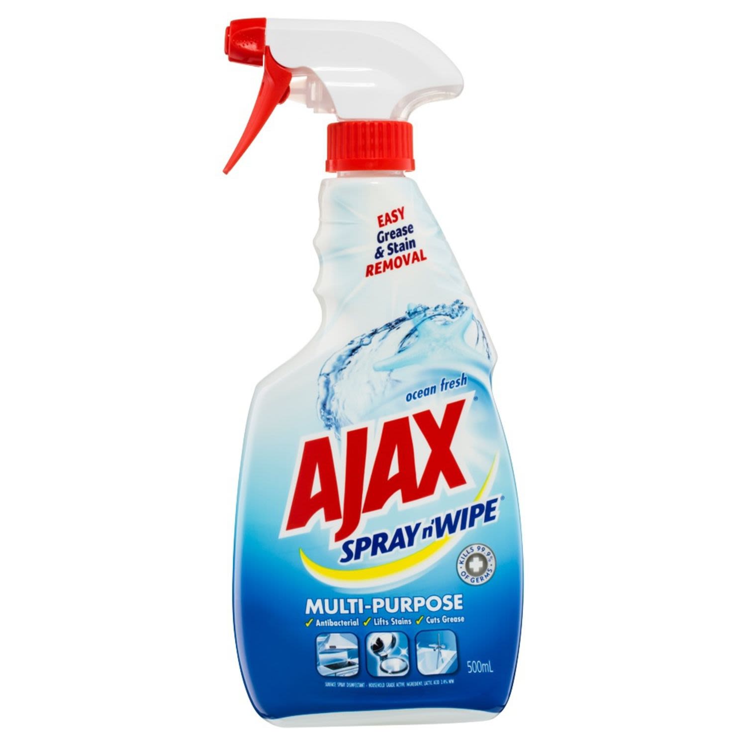 Ajax Spray n' Wipe Multi-Purpose Antibacterial Disinfectant Cleaner Trigger Surface Spray Ocean Fresh, 500 Millilitre