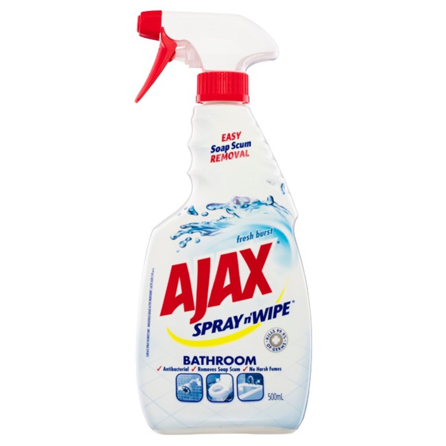 Ajax Spray n' Wipe Bathroom Antibacterial Disinfectant Cleaner Soap Scum Remover Trigger Surface Spray, 500 Millilitre