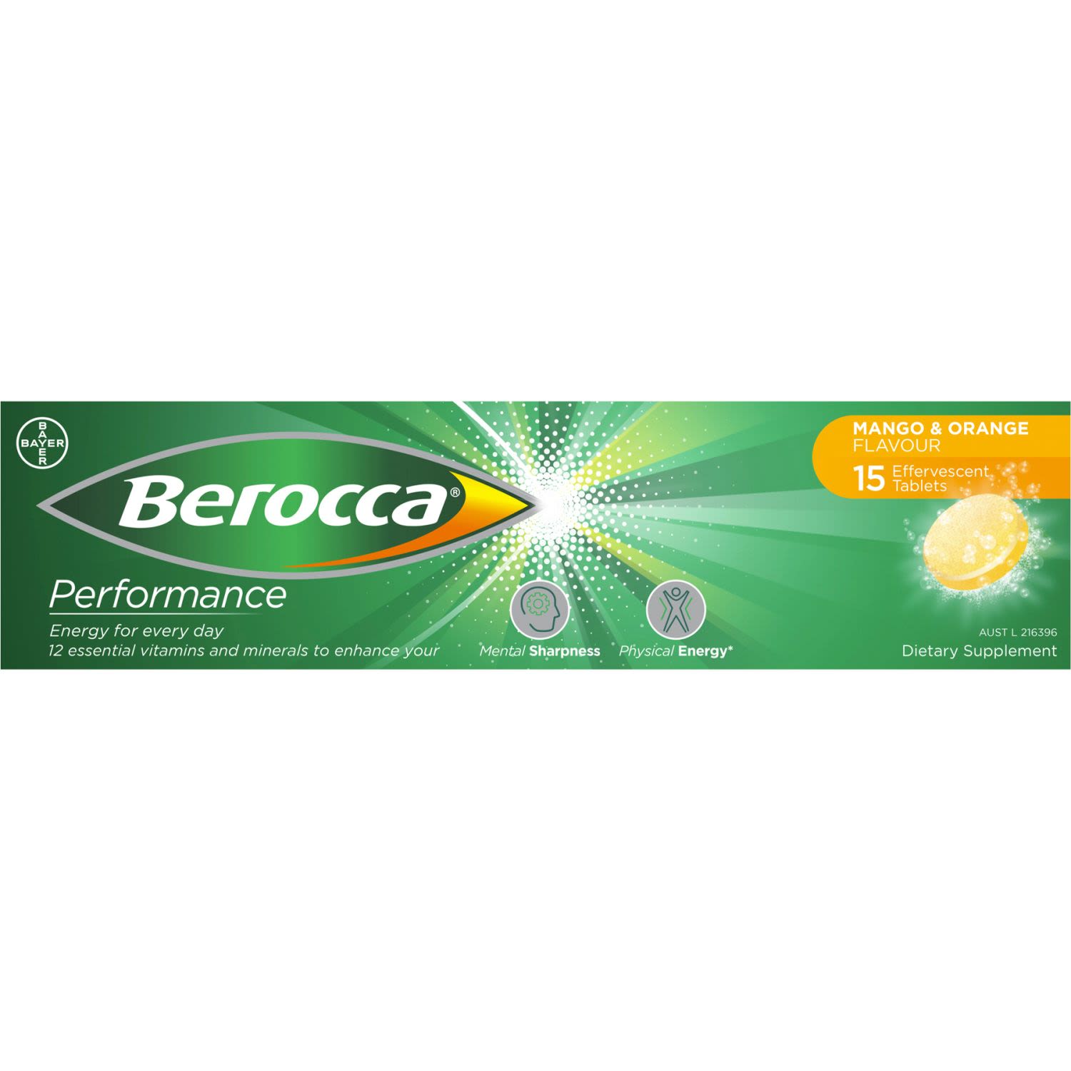Berocca Vitamin B & C Mango & Orange Flavour Energy Effervescent Tablets, 15 Each