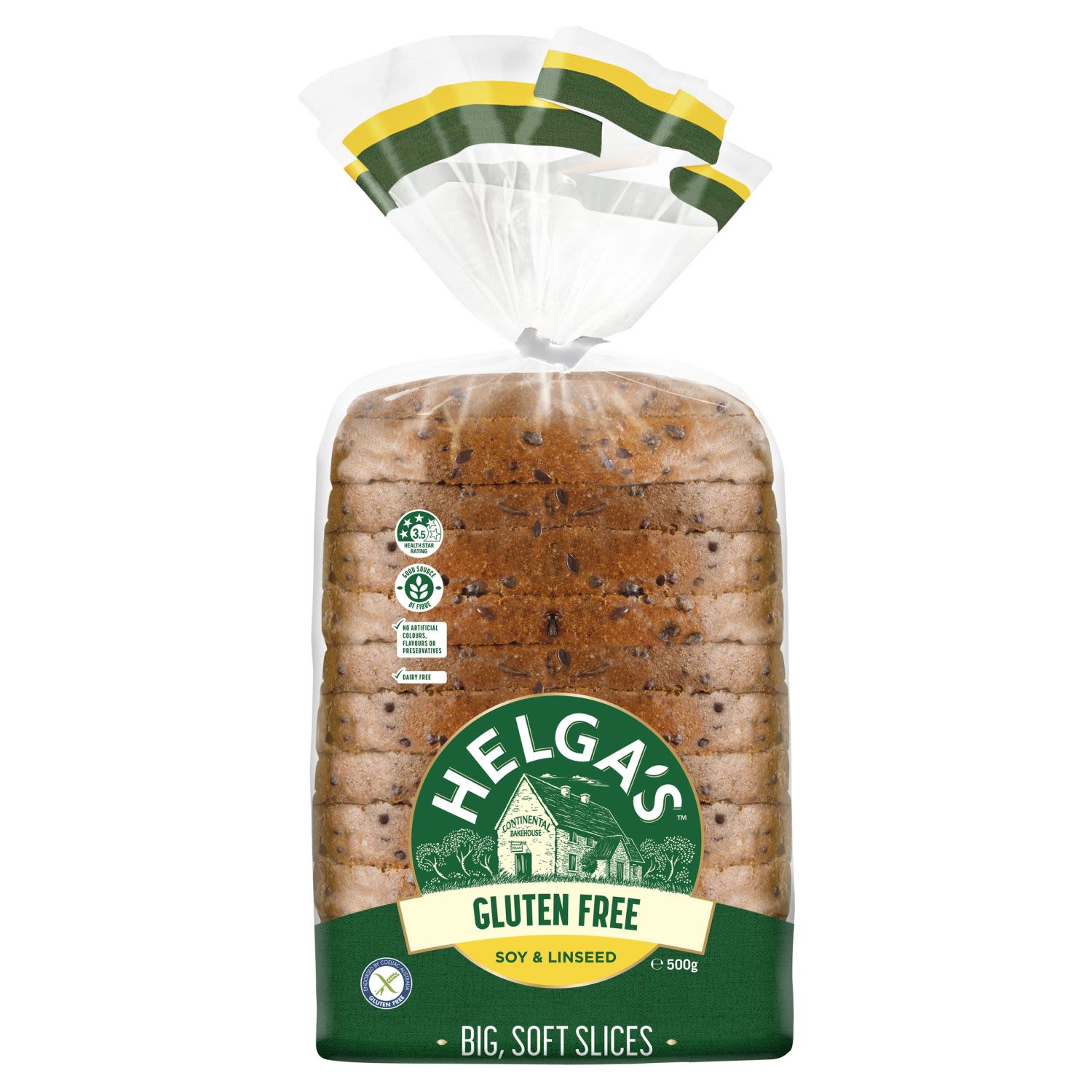 Perfect for enjoying any time of the day, Helga's Gluten Free Soy & Linseed is a pantry must-have for those who are intolerant to gluten. This bread is endorsed by Coeliac Australia and tastes great with both savoury and sweet toppings. Why not make some delicious french toast for breakfast or dip it into your pumpkin soup for dinner?<br /> <br /> <br /><br />Allergen: Egg| Soy<br />Allergen may be present: Egg|Soy <br /><br />Country of Origin: Made in Australia from at least 45% Australian ingredients