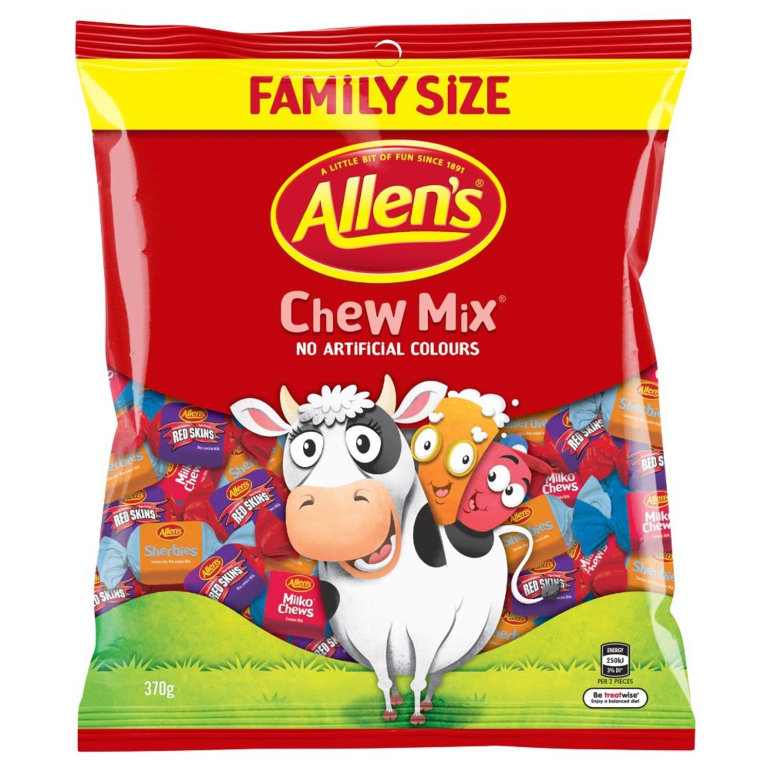 Allen's Chewmix is packed with a mix of creamy milko chews, tangy sherbies and intensely raspberry flavoured redskins. Perfect for sharing so grab a bag, find your favourite and start chewing before they're all gone. Quantity of each type of lolly in each bag may vary. 2 Pieces = 1 Portion. Contains no artificial colours, so are great to share with family and friends. Milko Chews contain 10% Milk Solids. Sherbies contains Soy and may contain Milk. Redskins may contain Milk. Allen's makes smiles!