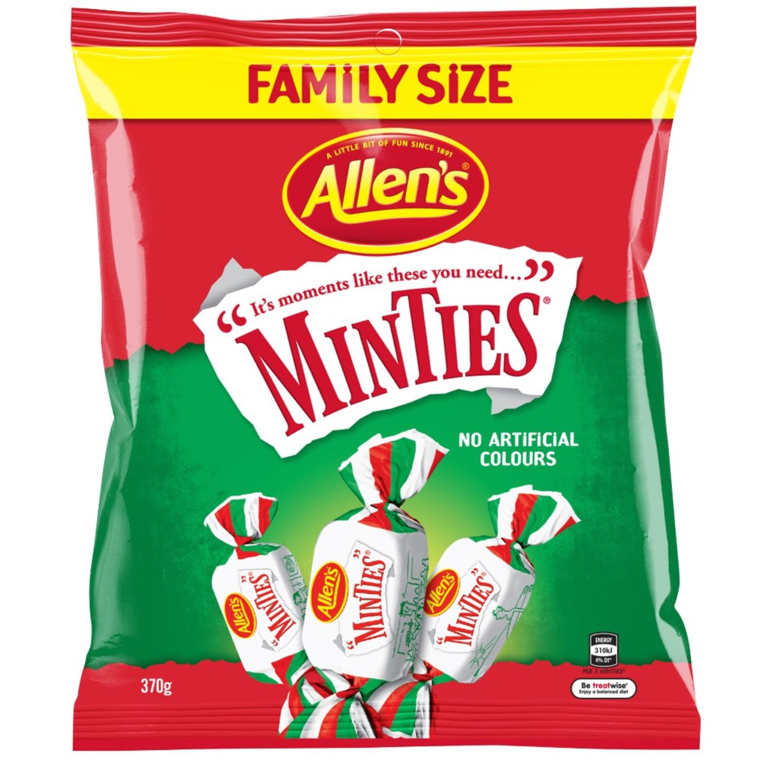 Allen's Minties are a chewy mouthful of minty refreshment and a favourite amongst generations. Pass one to a friend, twist the wrapper open, pick a corner and tear along the edges. Who can tear the longest Minties wrapper strip without letting it rip? But there is more fun yet... pop these yummy refreshing mints in your mouth and chew, chew, chew. 3 Minties = 1 Portion. Contains no artificial colours so are great for sharing with family and friends. May contain Egg. Allen's makes smiles!