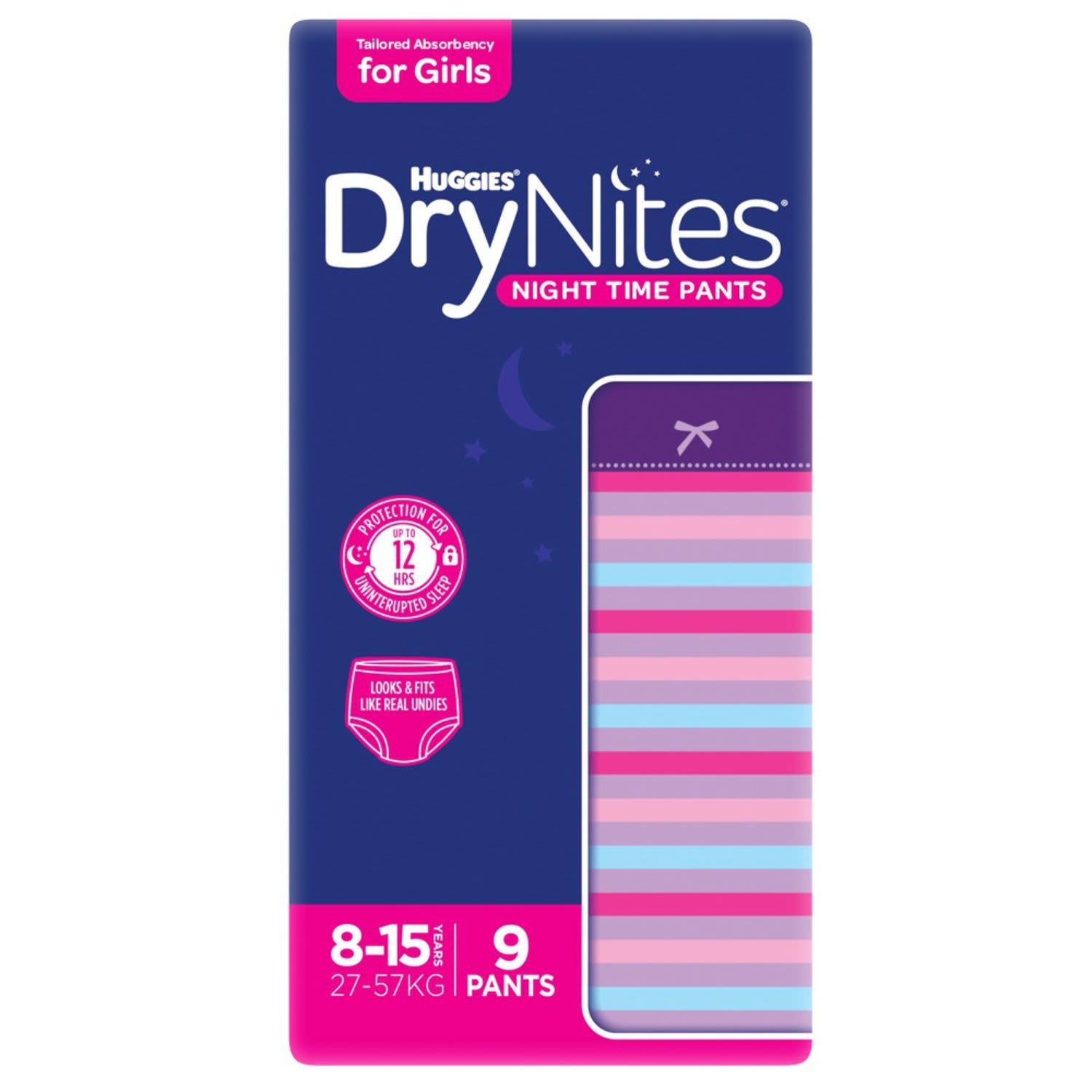 Huggies Drynites Pyjama Pants 8-15yrs Girl, 9 Each