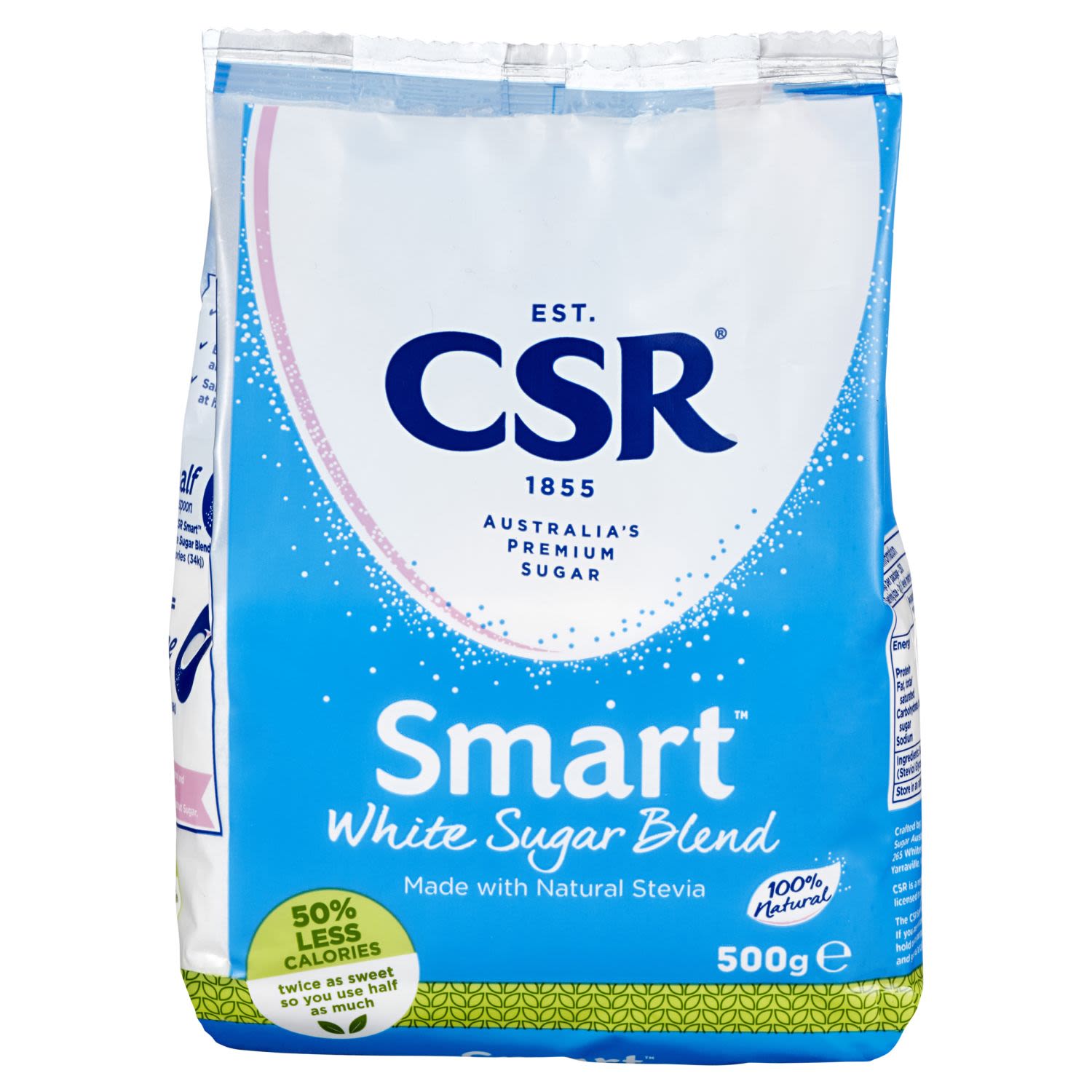 Sugar just got better with CSR White Sugar Blend. Made from a blend of natural sugar with a dash of Stevia, it is a great alternative sweetener for your coffee, baked goods or sauces. It also has 50% less calories with twice the level of sweetness compared to regular sugar, meaning you only need to use half as much.^Half a teaspoon (2g) CSR Smart White Sugar Blend 8 calories (34kJ) = One teaspoon (4g) sugar 16 calories (68kJ)<br /> <br /> <br /><br />Country of Origin: Proudly Australian made