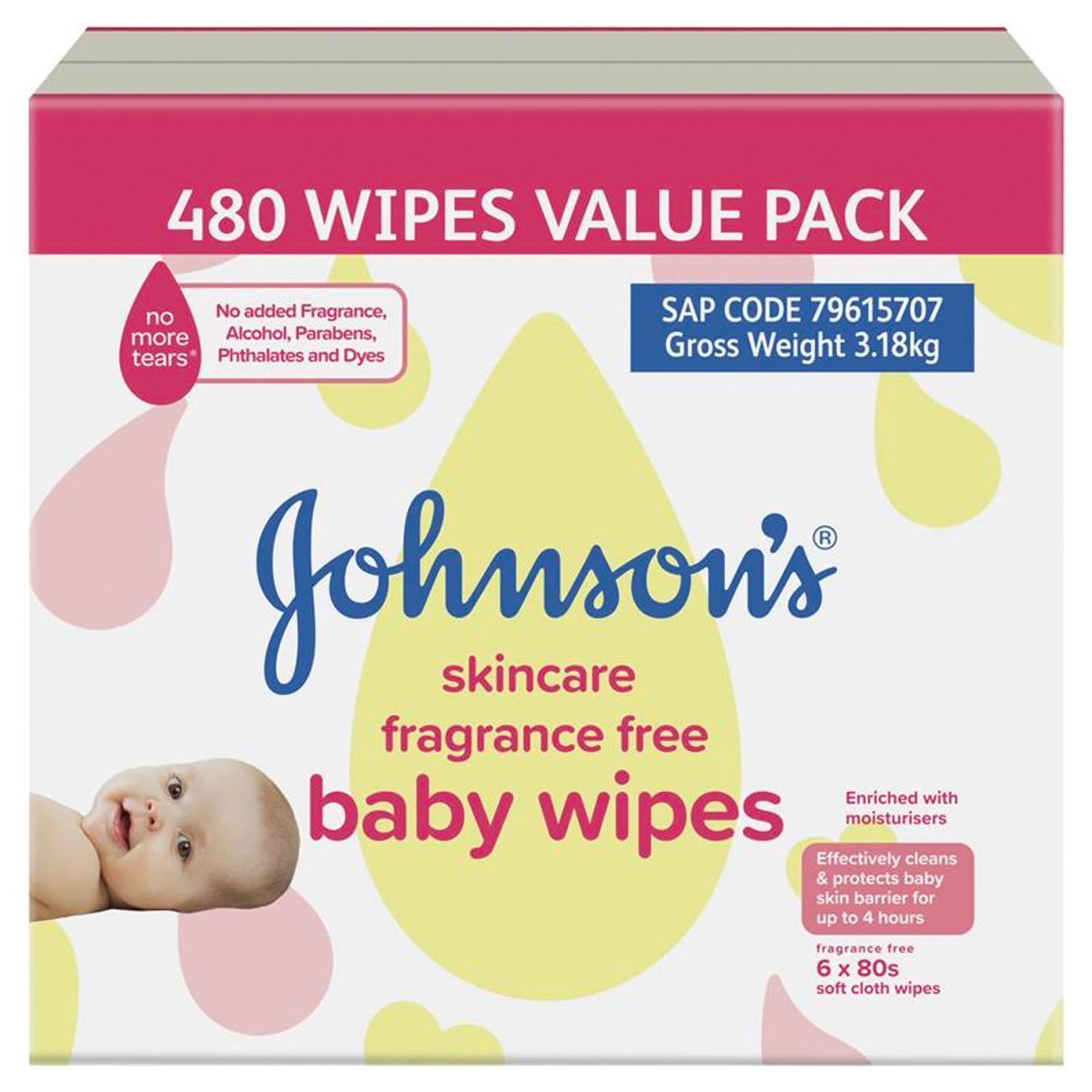 Johnson's Baby Skincare Wipes Ultra Sensitive Fragrance Free, 6 Each