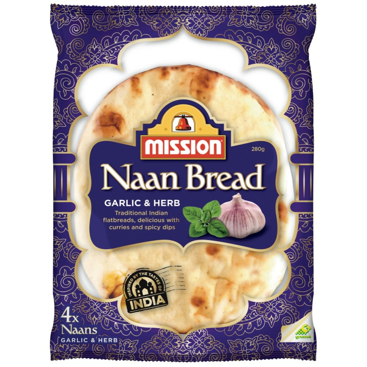 Mission Naan Bread Garlic & Herb, 4 Each