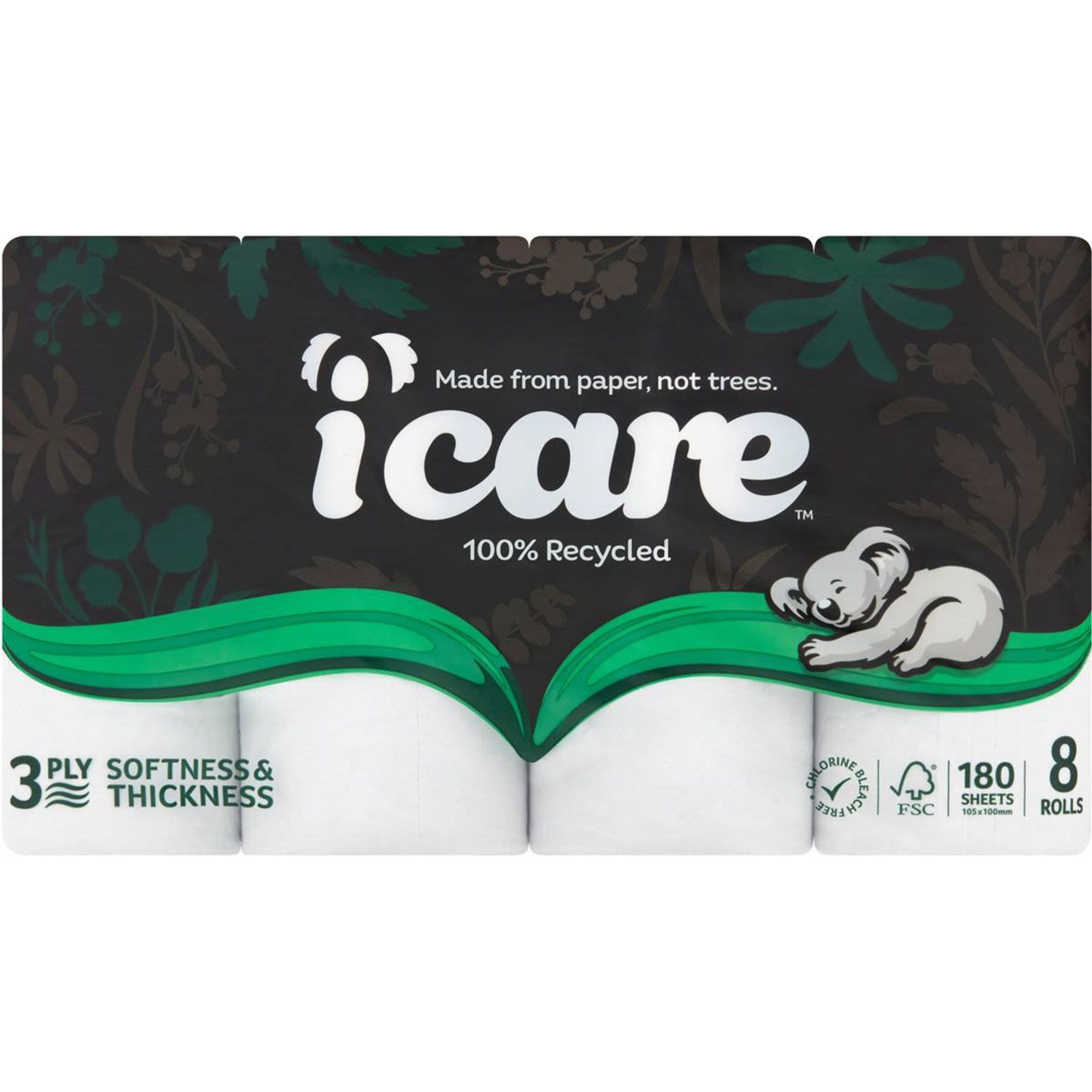 Icare 100% Recycled Toilet Tissue White 3 Ply, 8 Each