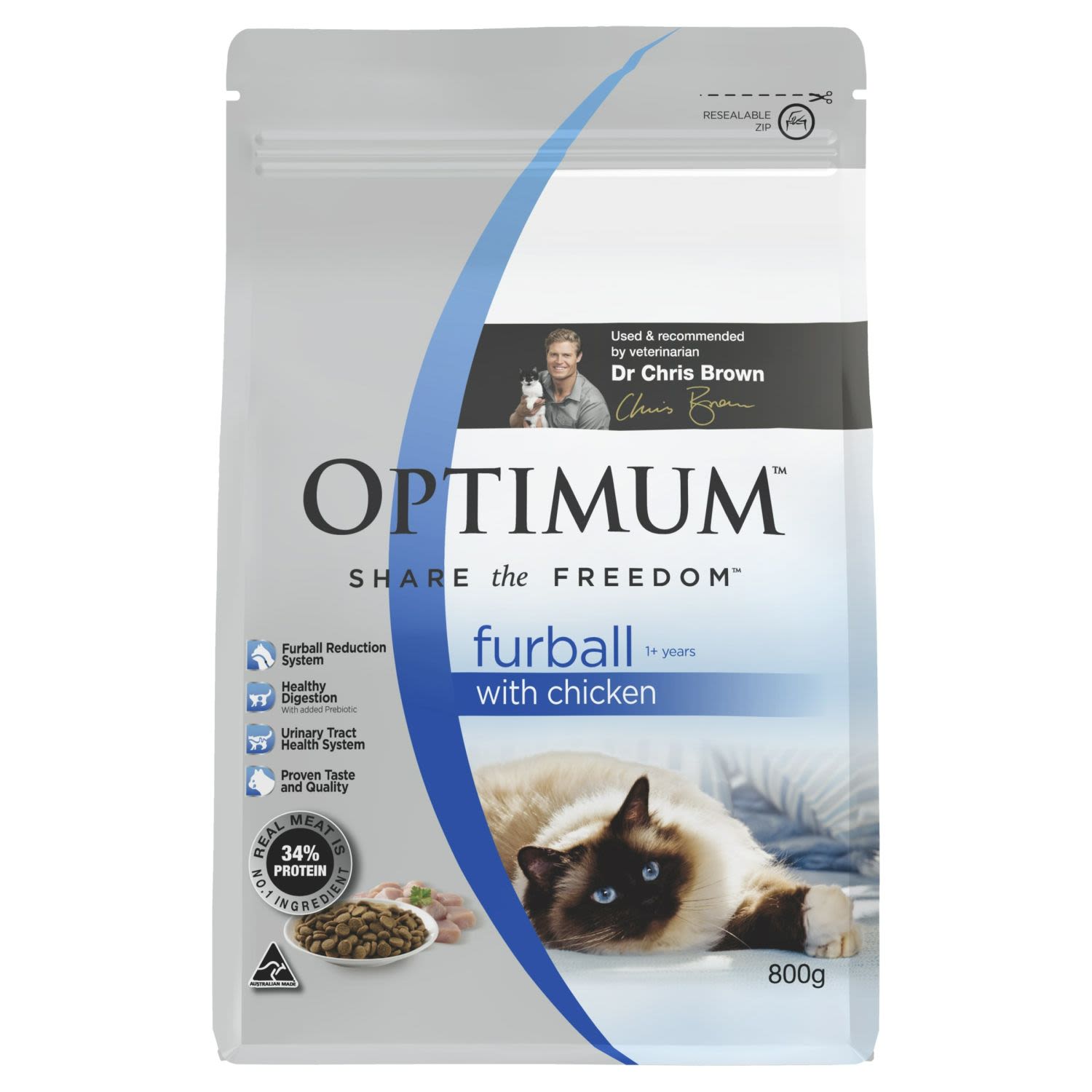 Optimum Furball Dry Cat Food With Chicken, 800 Gram