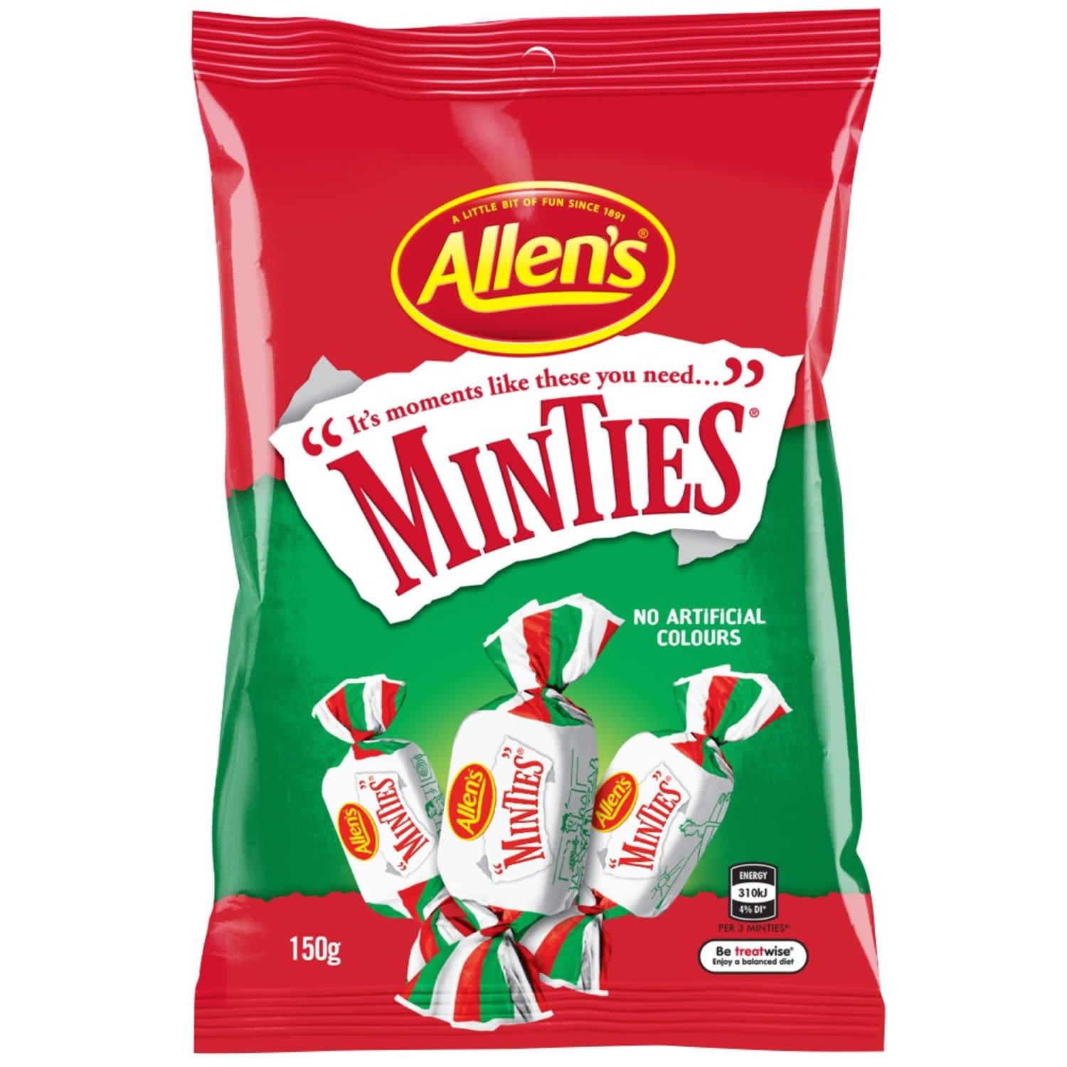 Allen's Minties are a chewy mouthful of minty refreshment and a favourite amongst generations. Pass one to a friend, twist the wrapper open, pick a corner and tear along the edges. Who can tear the longest Minties wrapper strip without letting it rip? But there is more fun yet... pop these yummy refreshing mints in your mouth and chew, chew, chew. 3 Minties = 1 Portion. Contains no artificial colours so are great to share with family and friends. May contain Egg. Allen's makes smiles!