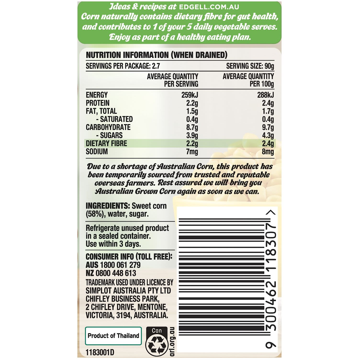 Edgell Corn Kernels No Added Salt