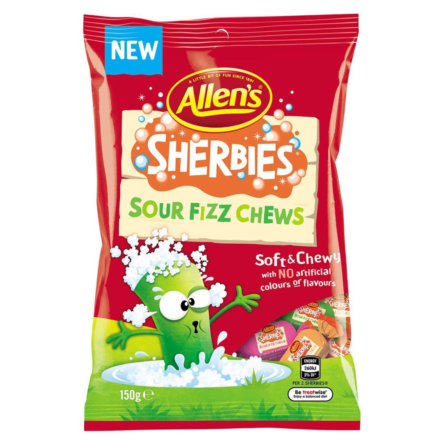 Allen's Sherbies Sour Fizz Chews Lolly, 150 Gram