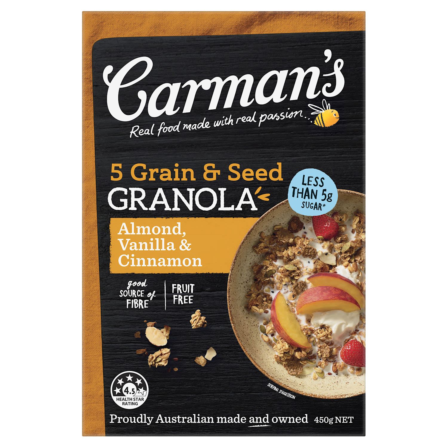 Enjoy with milk or yoghurt and extra fresh fruit for a balanced start to the day that will keep you feeling fabulous.
Under 5g of sugar
Excellent source of fibre
Australian made & owned
NO artificial colours or preservatives<br /> <br />