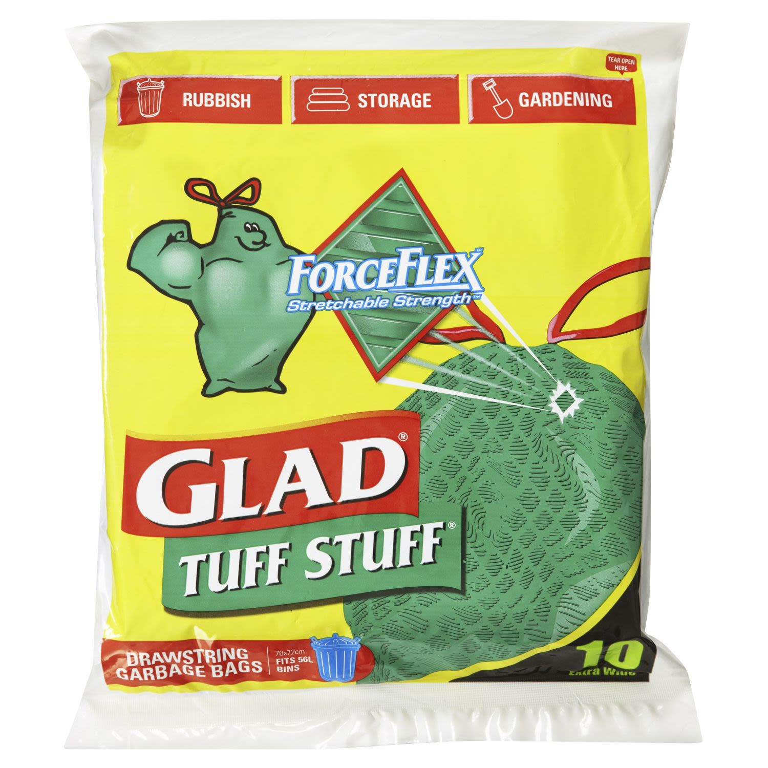 Glad Tuff Stuff Extra Wide Drawstring Garbage Bags, 10 Each