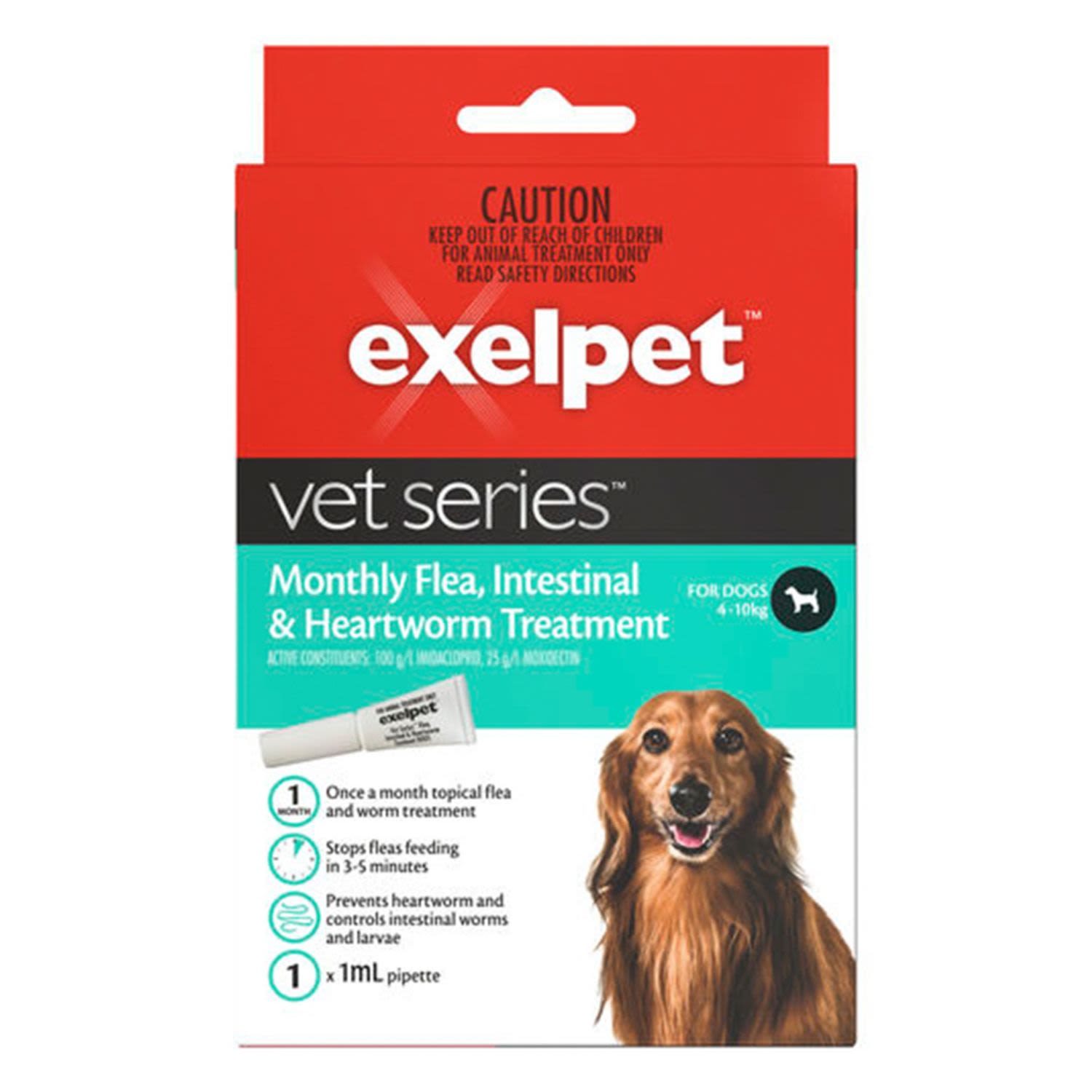 Exelpet Vet Series Monthly Flea, Intestinal & Heartworm Treatment for dogs 4-10kg  , 1 Each