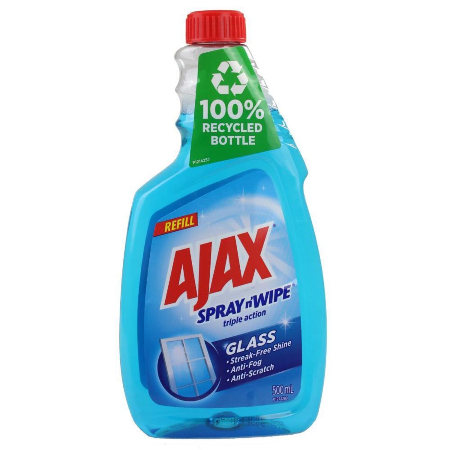 <p>Life is easy when you Spray n' Wipe!<br /><br />Fingerprints and dust shouldn't keep your surfaces from staying clean and clear. We help you brighten up your home with a streak-free and scratch-free shine.<br /><br />Ajax Spray n' Wipe Triple Action Glass Cleaner refill is Ammonia free.<br /><br />- Triple action glass cleaner<br />- Streak free shine<br />- Anti-fog<br />- Anti-scratch<br />- 100% Recycled and recyclable bottle<br />- Proudly Made in Australia<br /><br />To clean:<br />Simply spray and wipe until dry with a paper towel or lint free cloth. For best results, change cloth frequently.<br /><br />Advice: <br />Do not use on tinted glass.<br /><br />Size: 500mL Refill for Trigger<br />Type: Glass Cleaner Refill</p><br /> <br /> <br /><br />Country of Origin: Made in Australia from local and imported components