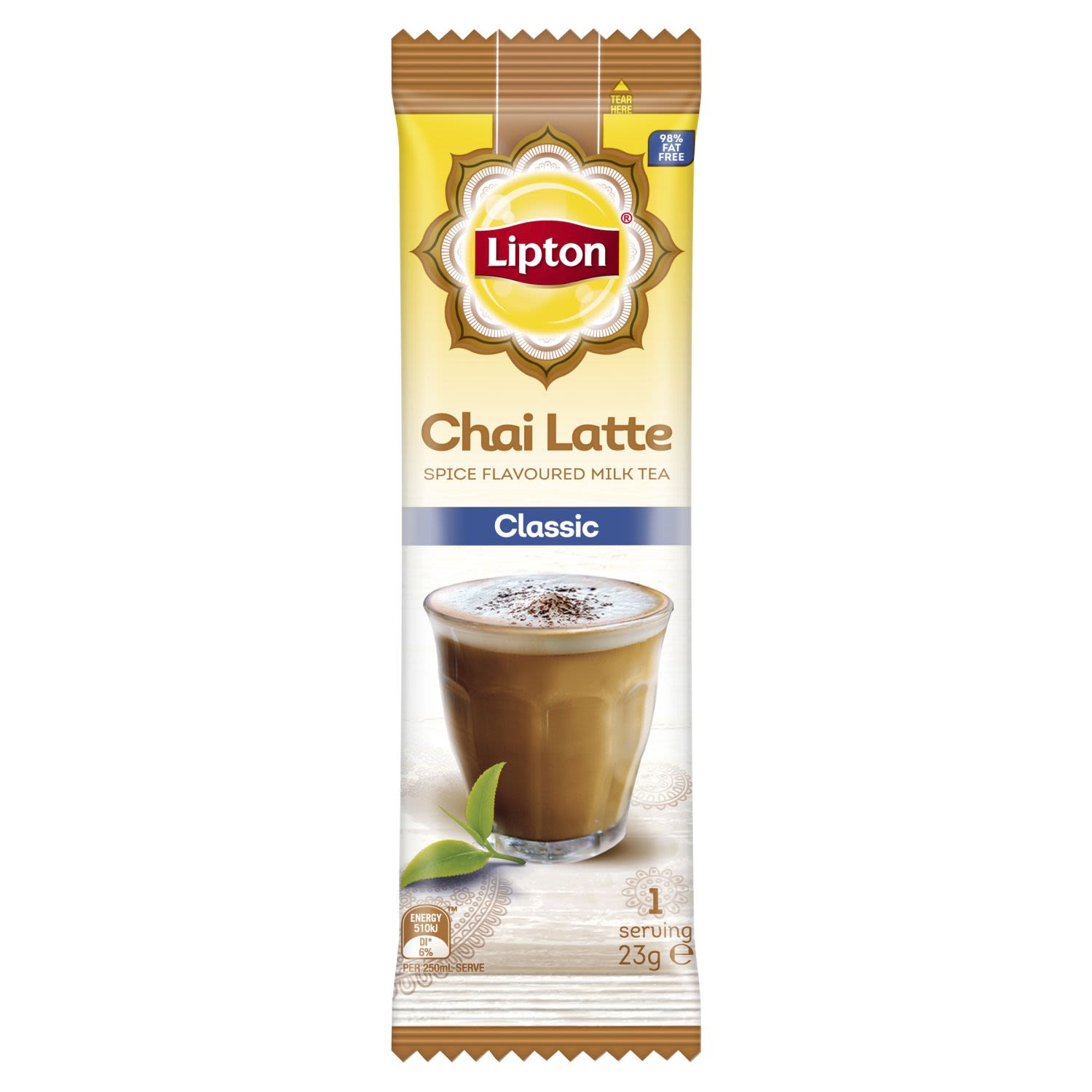 Lipton® Lipton Chai Latte Regular is a unique taste experience. It combines tea with exotic spice flavours such as cinnamon, cardamom and ginger with a delicious, creamy milk base. Just add hot water to enjoy a frothy latte style pick-me-up. Lipton Chai Latte is also 98% Fat Free. A refreshing taste for a feed good moment. At Lipton we recognise the importance of sustainability in the growth of our tea. With over 100 years of experience our approach to sustainability is holistic. We looked in detail at the social, environmental and economic aspects of tea production carrying out our own work and working with Rainforest Alliance to ensure all our tea is sourced sustainably. Now, all our tea blends are made with 100% natural, Rainforest Alliance™ certified tea leaves. Tea was originally an expensive drink, enjoyed exclusively by the wealthy. Thomas Lipton was a man on a mission – to share his passion for tea around the world. He believed that everyone deserved high quality, great tasting tea. And over 120 years later, that belief is still what drives us – inspiring more flavours, more varieties and more love than ever before. All our tea bags are 100% sustainably sourced, which translates into ensuring decent wages for tea farmers around the world together with access to quality housing, education and medical care. Your tea is their brighter future.<br /> <br />